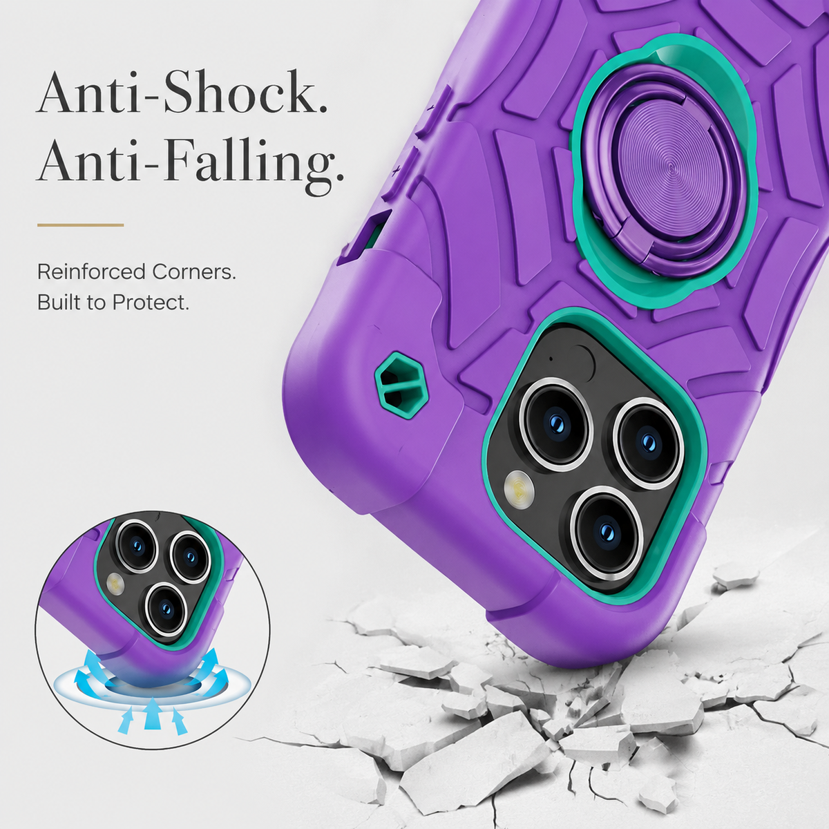 Premium iPhone Case Rugged Armor Cover Dual Layer Shockproof PC TPU Ring Holder Kickstand Anti Slip Grip Full Protection Design