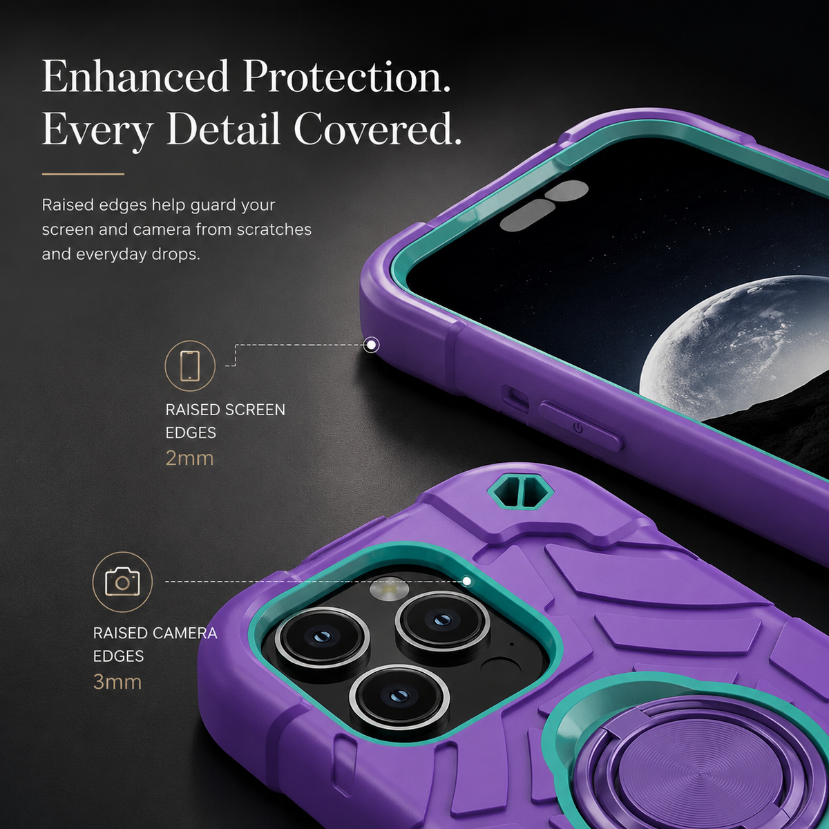 Premium iPhone Case Rugged Armor Cover Dual Layer Shockproof PC TPU Ring Holder Kickstand Anti Slip Grip Full Protection Design