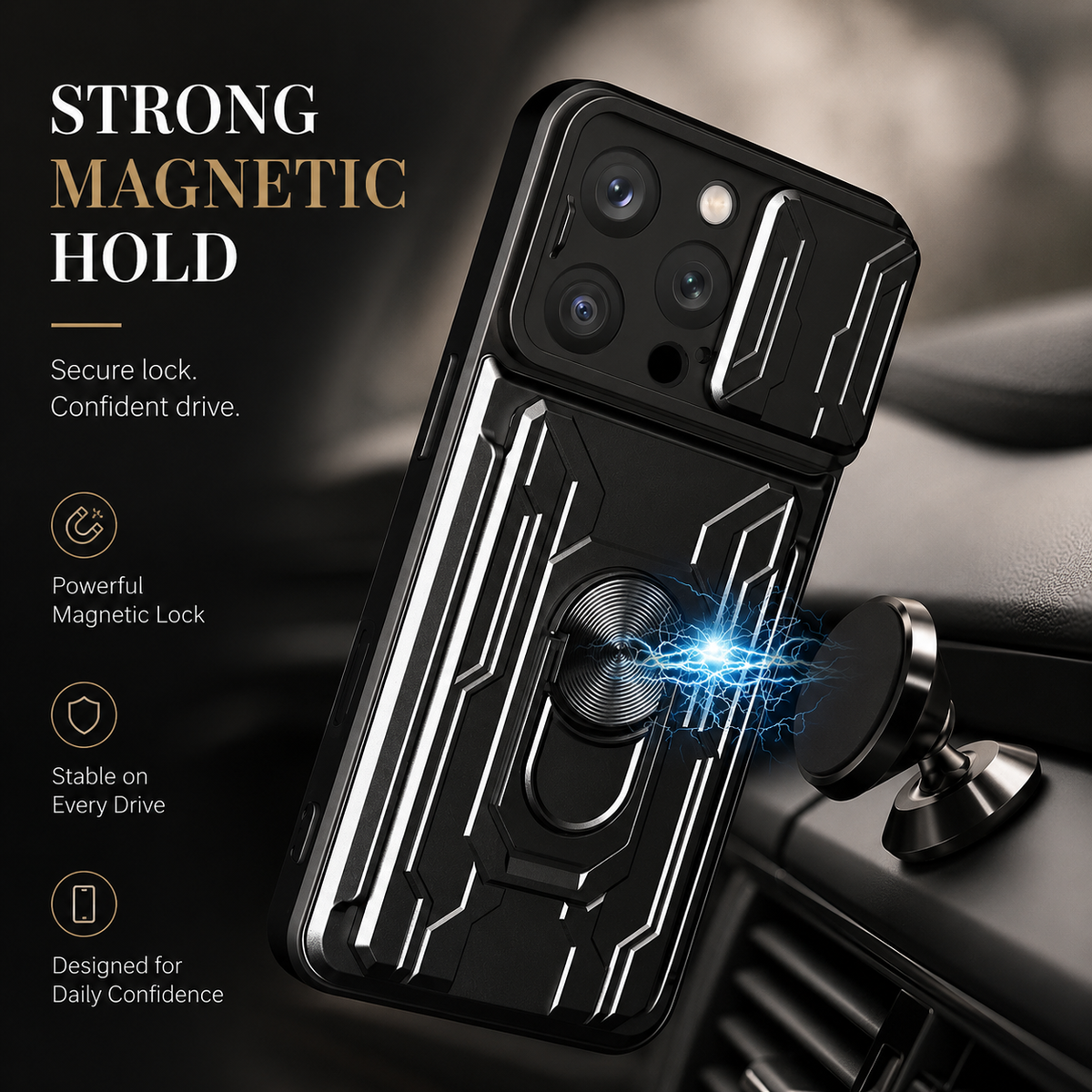 Premium iPhone Case Rugged Armor Cover Shockproof Dual Layer Card Holder 360 Ring Stand Magnetic Mount Full Edge Protection Protective Cover