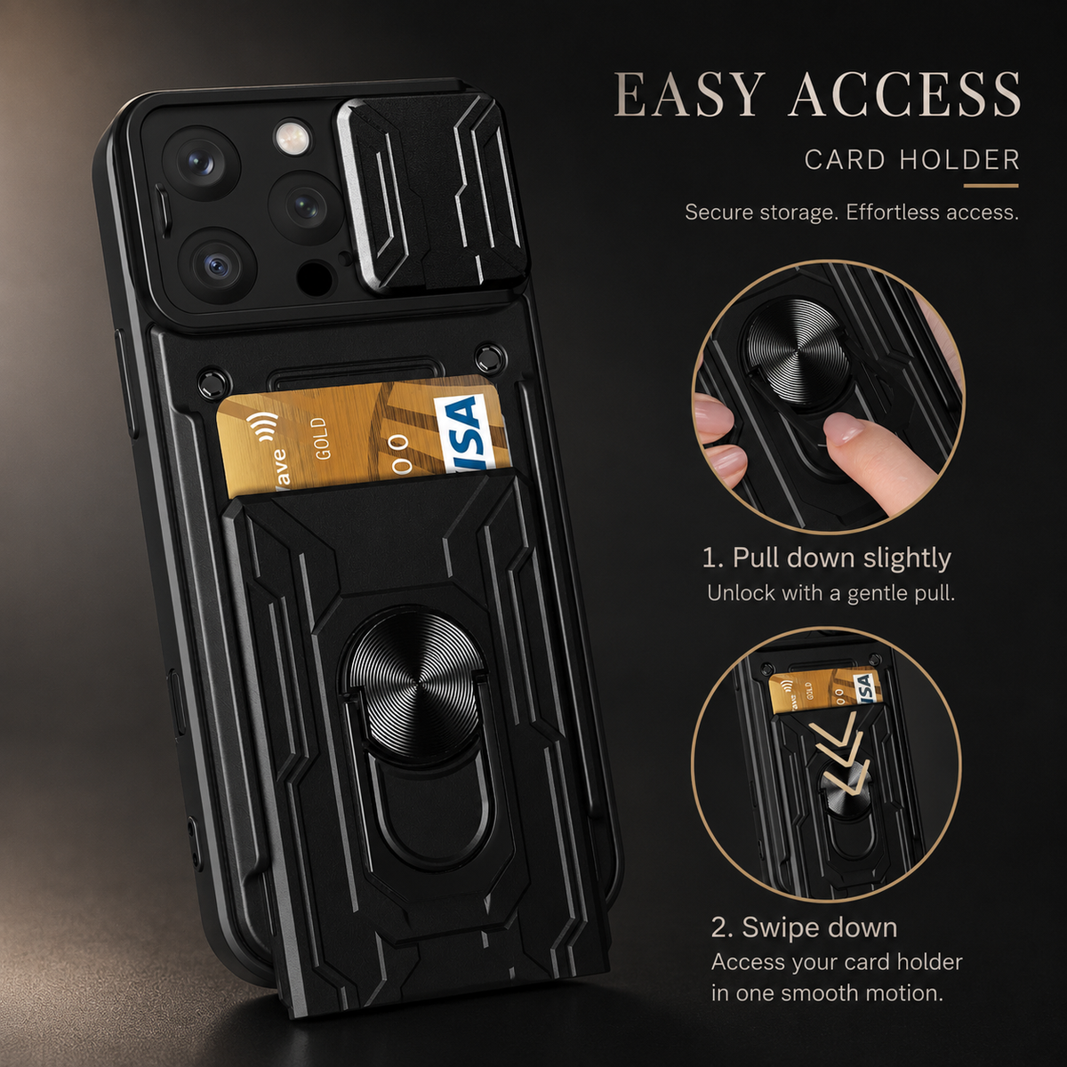 Premium iPhone Case Rugged Armor Cover Shockproof Dual Layer Card Holder 360 Ring Stand Magnetic Mount Full Edge Protection Protective Cover