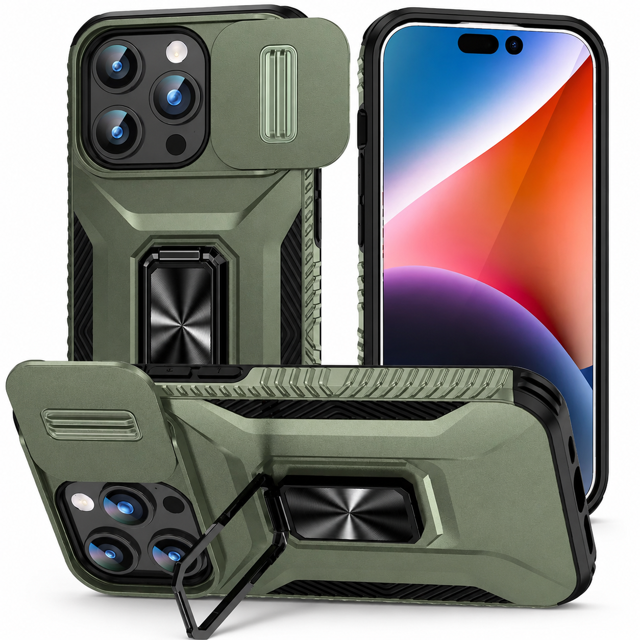 Premium iPhone Case Shockproof Protective Cover Full Coverage Sliding Camera Lens Guard Rotary Stand Anti Slip Grip Durable Matte Design Hard Back