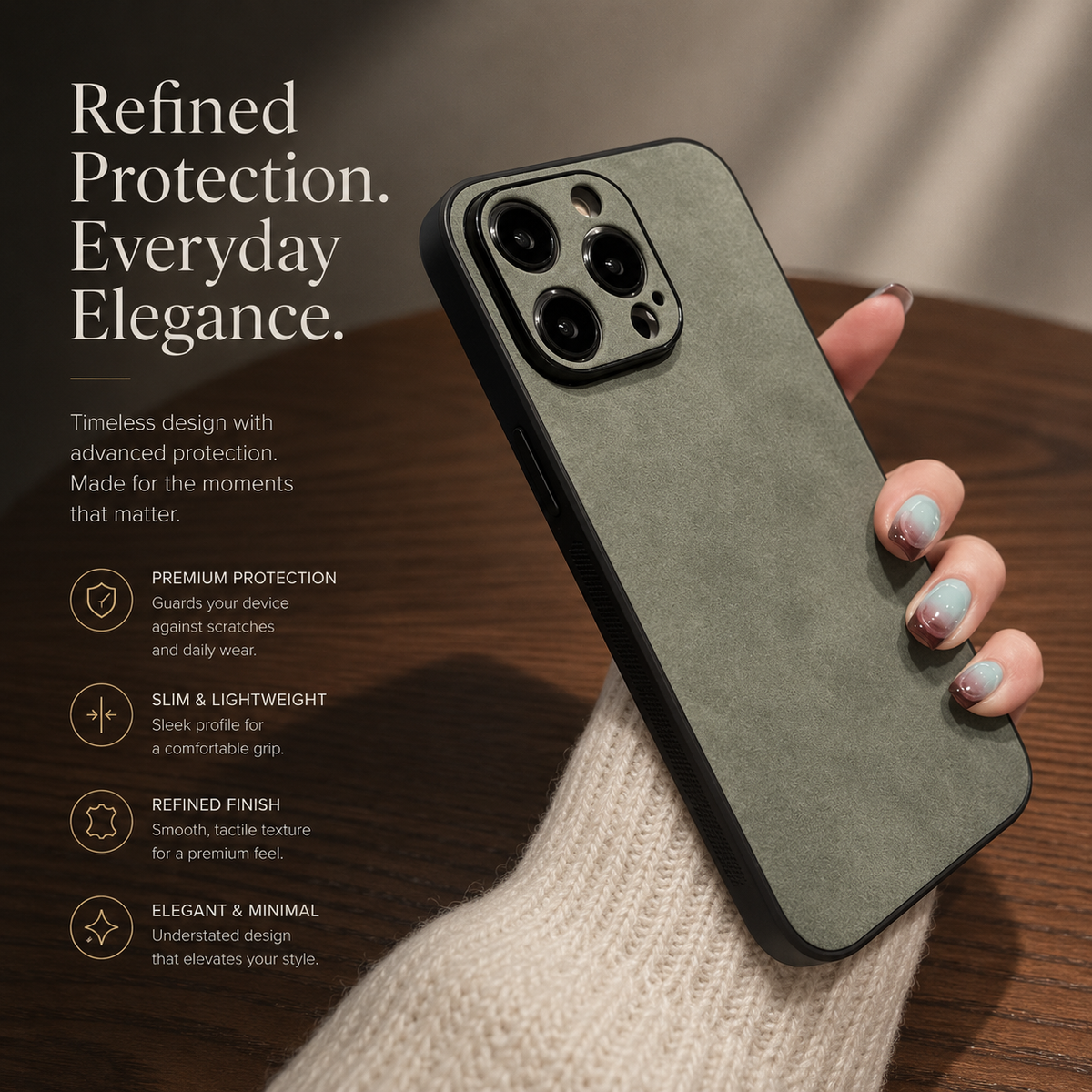 Premium iPhone Case Suede Leather Protective Cover Camera Lens Protection Shockproof Non Slip Soft Silicone Edges Electroplated Ultra Thin Slim Full Coverage Design