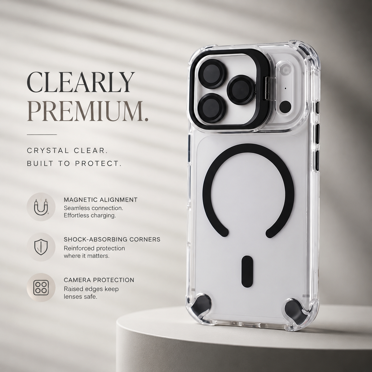 Premium iPhone Case Transparent Magnetic Shockproof Cover Glass Lens Protector Stand Holder MagSafe Compatible Non Slip Full Coverage Design