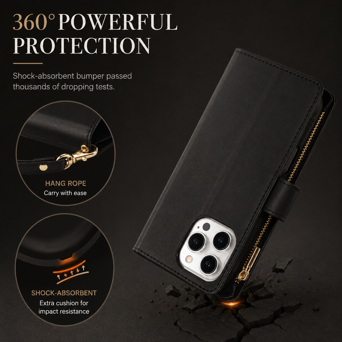 Premium iPhone Case Wallet Flip Cover Magnetic Zipper Card Holder Leather Chain Strap Shockproof Anti Scratch Full Coverage Protective Design