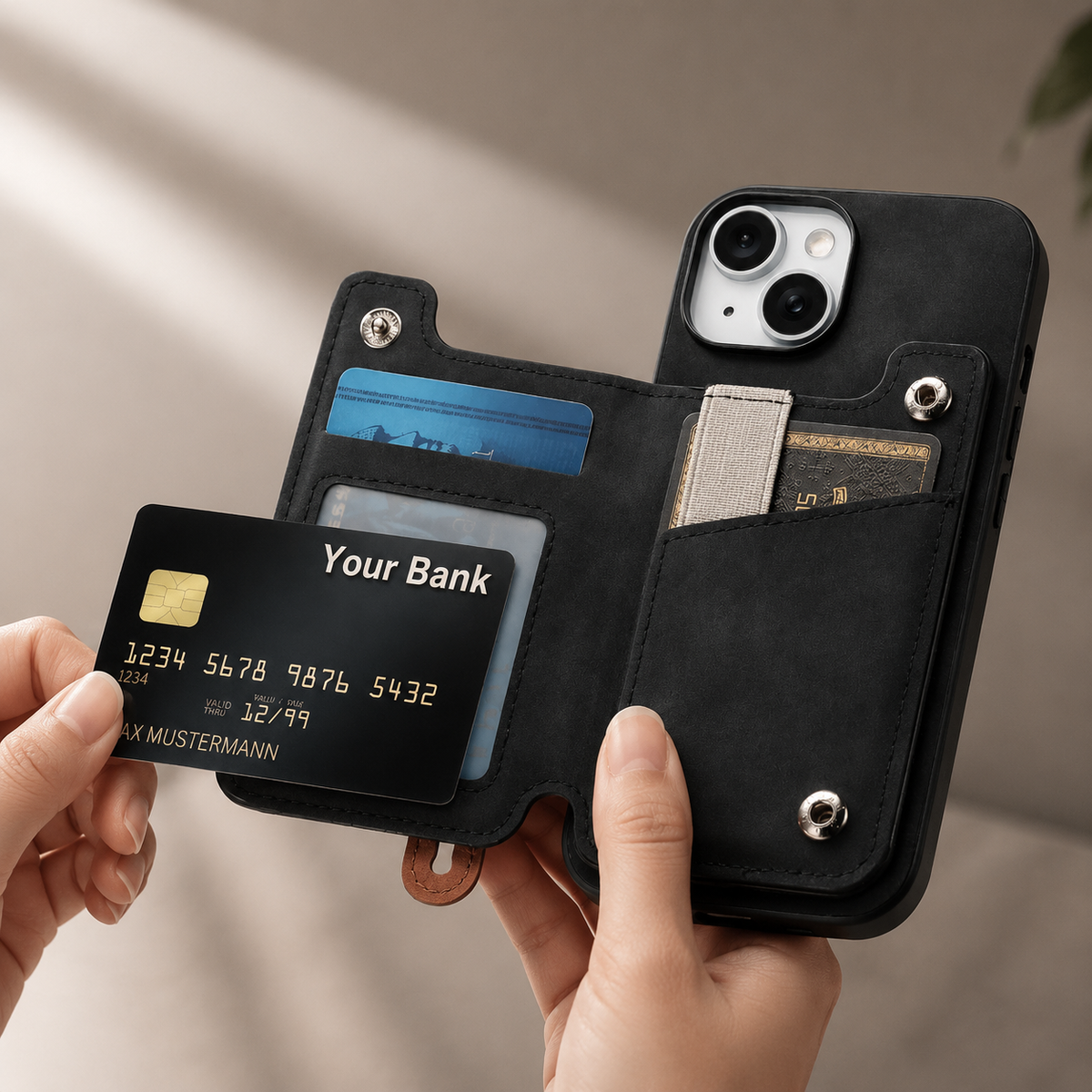Premium iPhone Wallet Case Detachable Zipper Flip Cover PU Leather Card Holder Magnetic Closure Wrist Strap Shockproof Full Coverage Protective Design