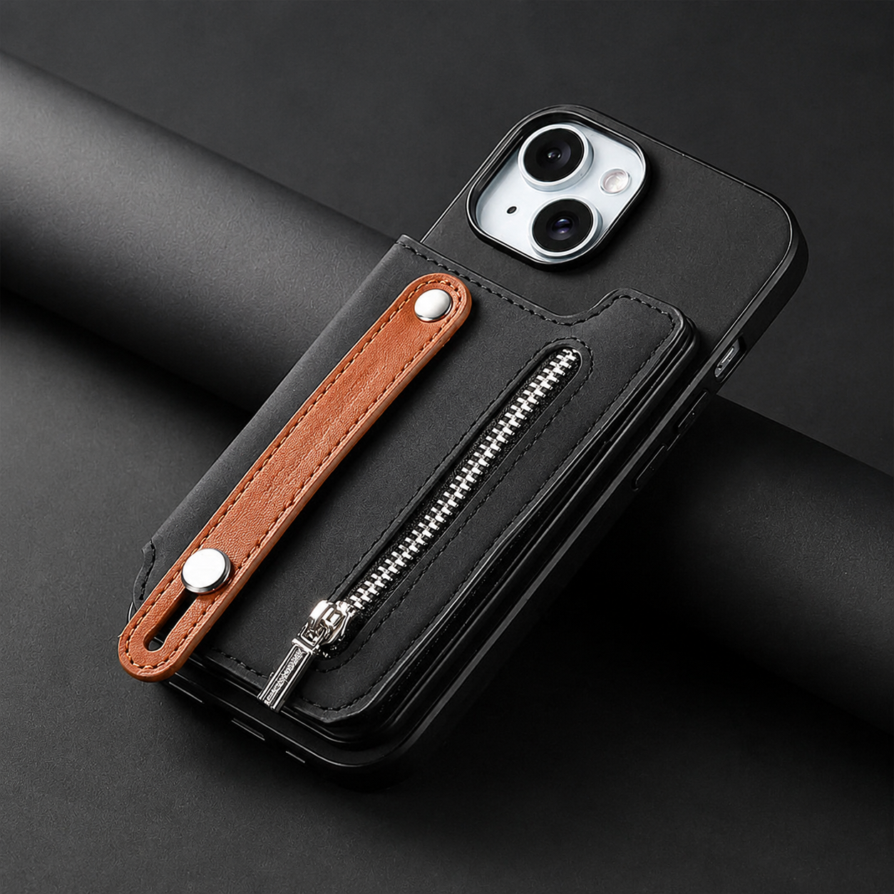 Premium iPhone Wallet Case Detachable Zipper Flip Cover PU Leather Card Holder Magnetic Closure Wrist Strap Shockproof Full Coverage Protective Design