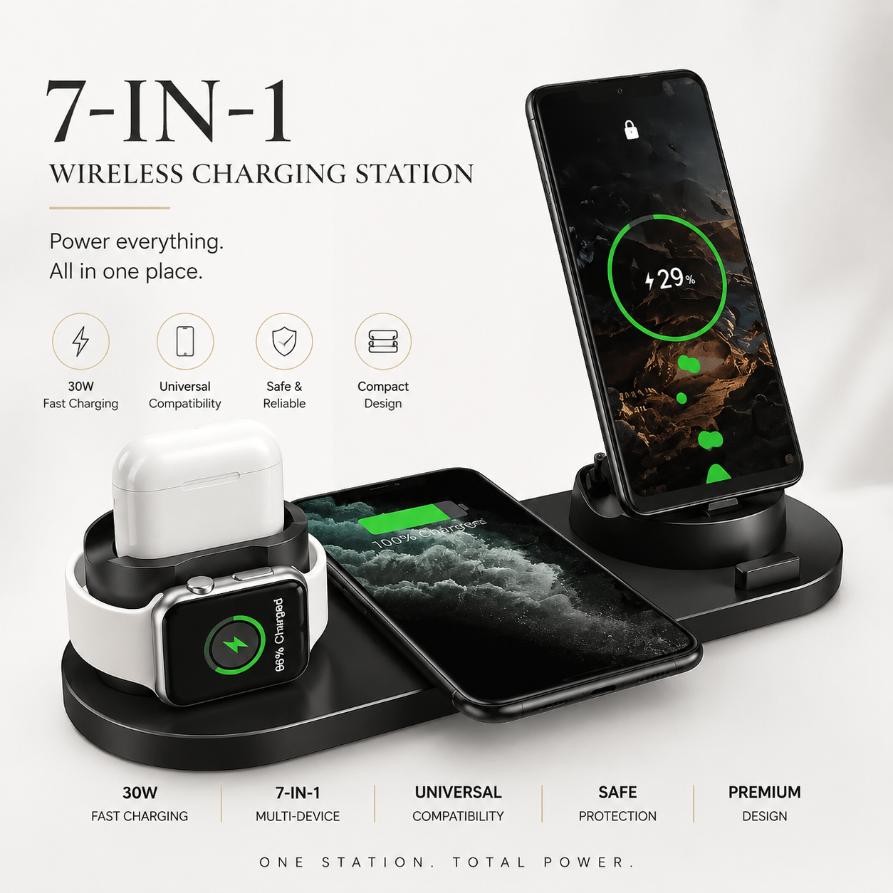 Premium Wireless Charger Fast Charging Station Foldable Multi Device Charging Dock Magnetic Stand for Smartphones Watches Earbuds Travel Organizer