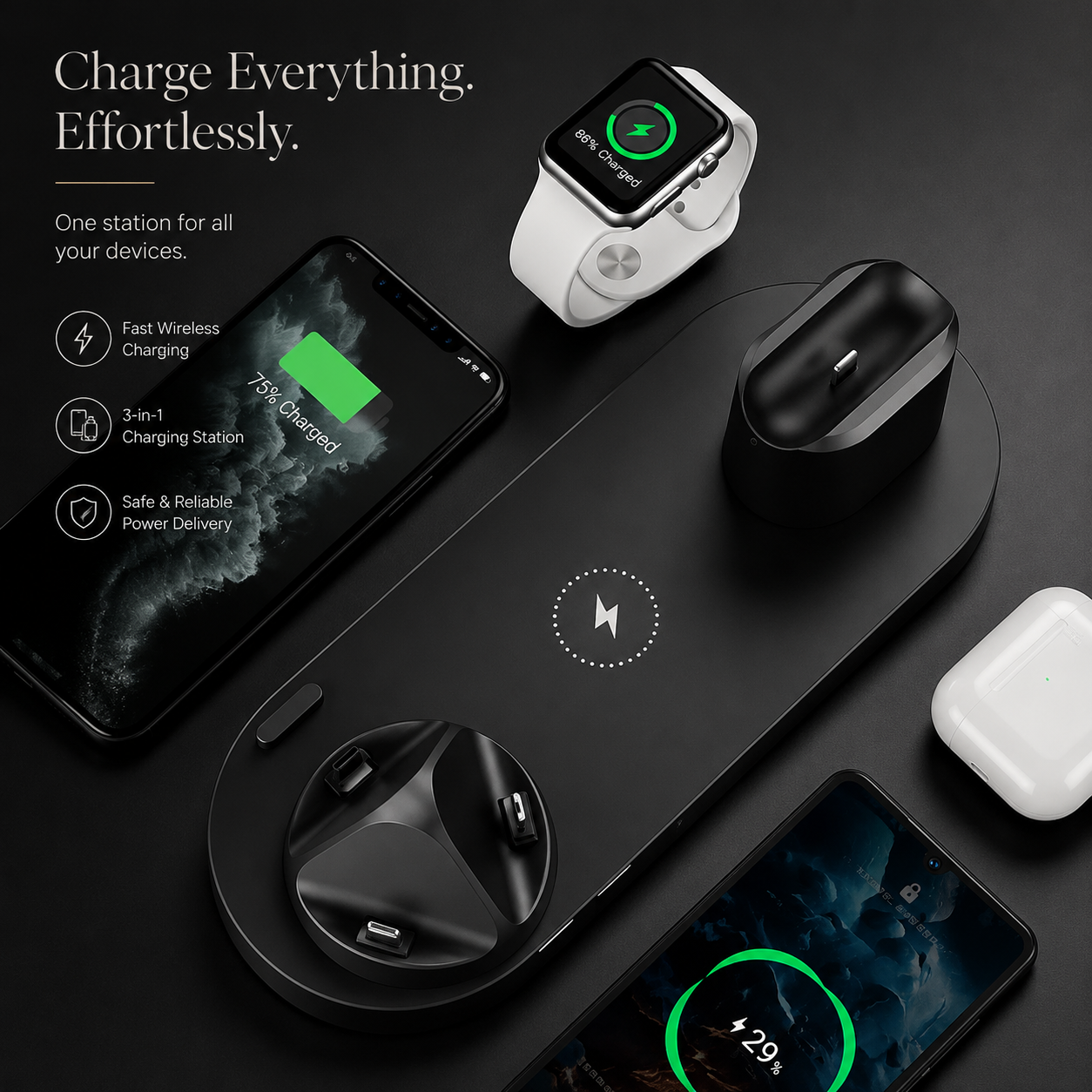Premium Wireless Charger Fast Charging Station Foldable Multi Device Charging Dock Magnetic Stand for Smartphones Watches Earbuds Travel Organizer