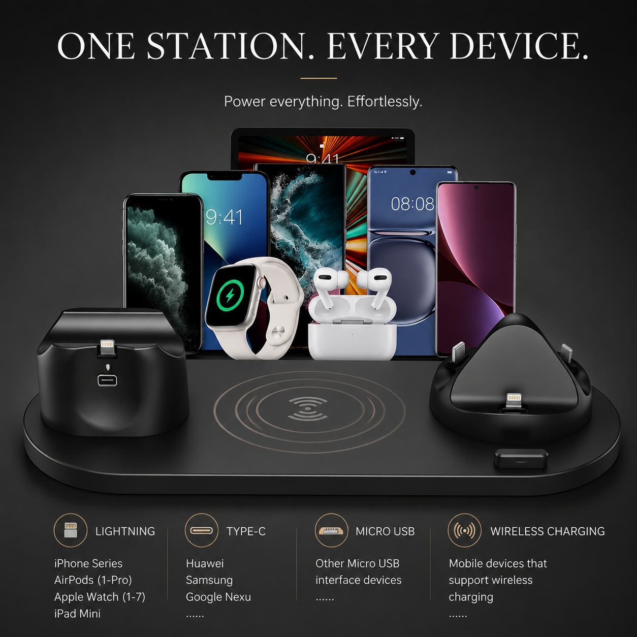 Premium Wireless Charger Fast Charging Station Foldable Multi Device Charging Dock Magnetic Stand for Smartphones Watches Earbuds Travel Organizer