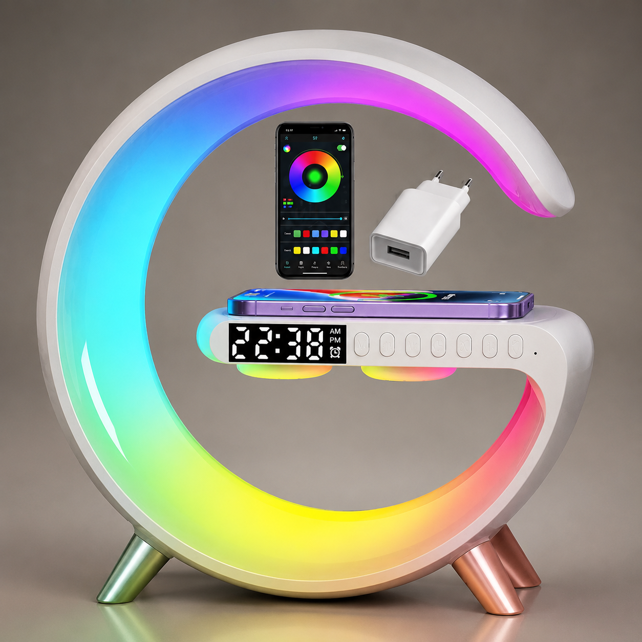 Premium Wireless Charging Station Fast Charger Bluetooth Speaker RGB LED Clock USB-C Charging Dock Multi Device Desktop Stand Organizer Desk Setup Hub