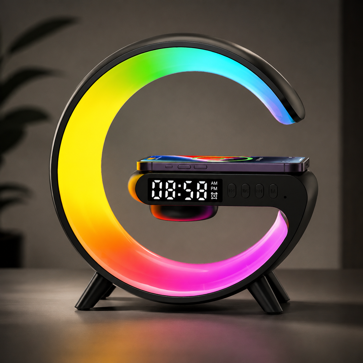 Premium Wireless Charging Station Fast Charger Bluetooth Speaker RGB LED Clock USB-C Charging Dock Multi Device Desktop Stand Organizer Desk Setup Hub