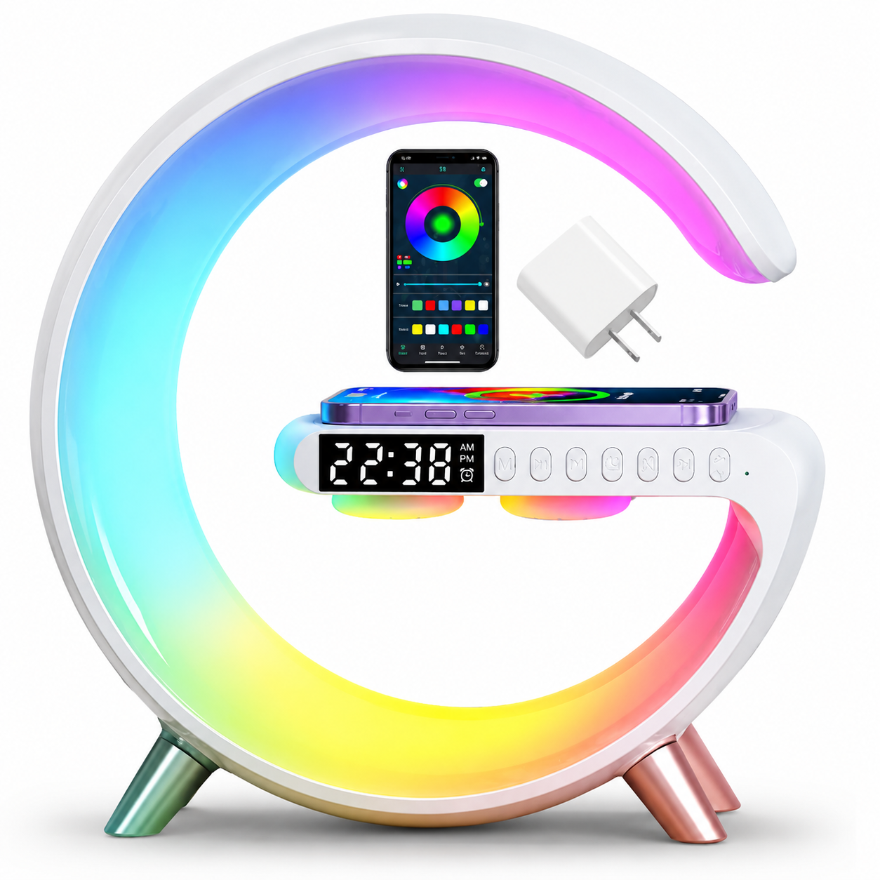 Premium Wireless Charging Station Fast Charger Bluetooth Speaker RGB LED Clock USB-C Charging Dock Multi Device Desktop Stand Organizer Desk Setup Hub