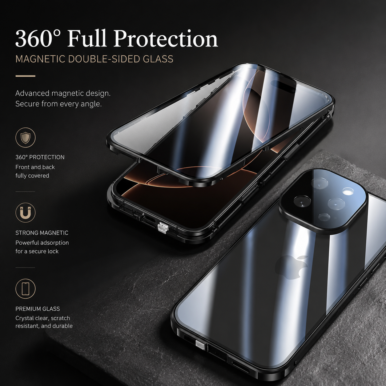 Premium iPhone Case 360 Full Protection Magnetic Glass Cover Aluminum Frame Snap Lock Shockproof Anti Scratch Clear Full Coverage Protective Case