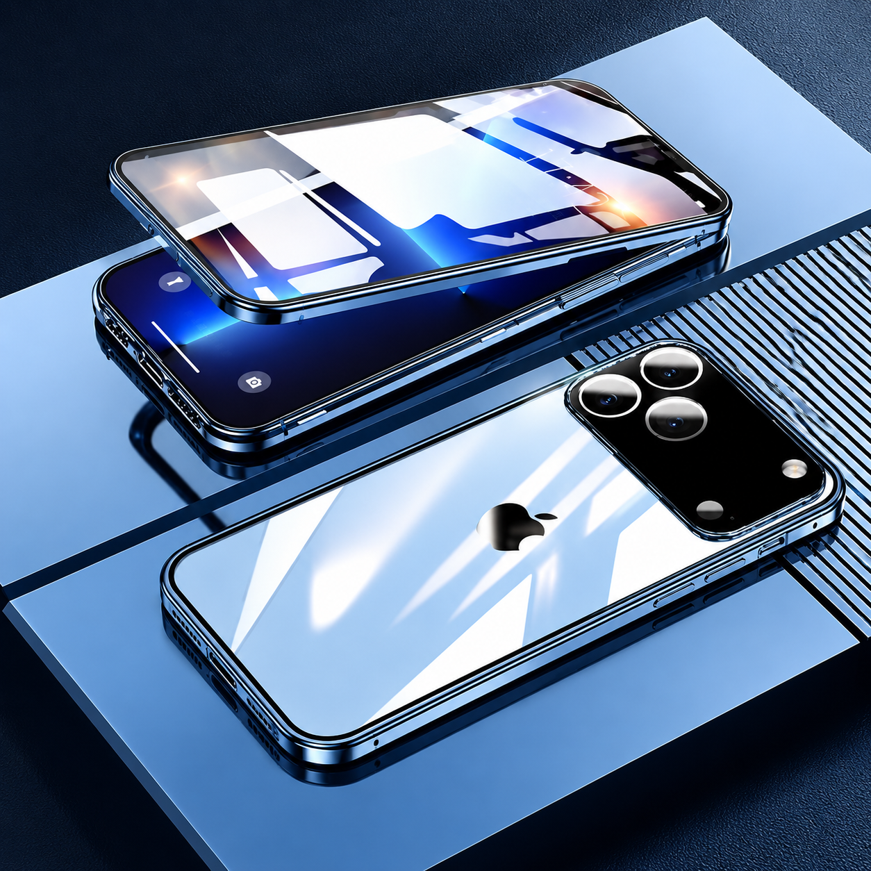 Premium iPhone Case 360 Full Protection Magnetic Glass Cover Aluminum Frame Snap Lock Shockproof Anti Scratch Clear Full Coverage Protective Case