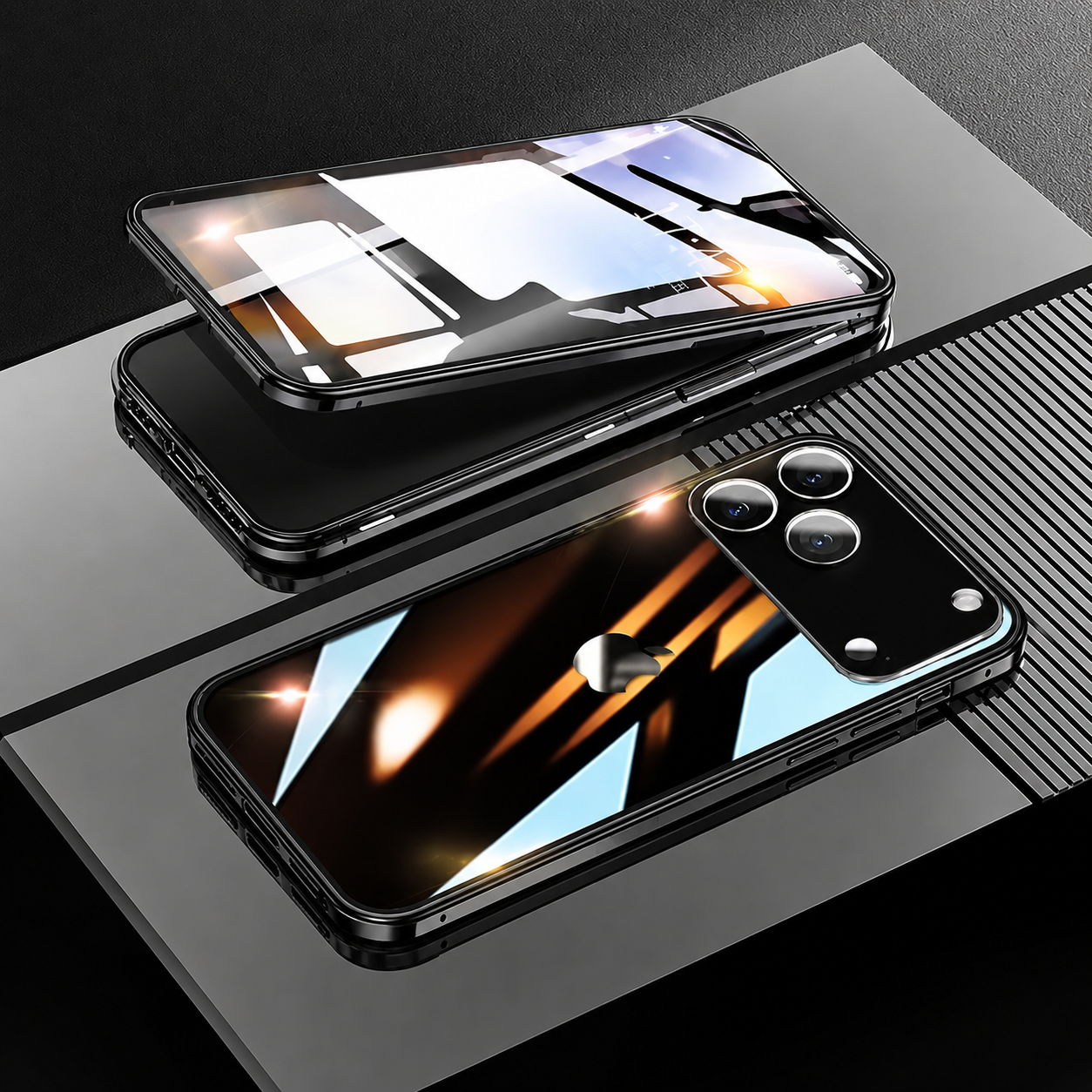 Premium iPhone Case 360 Full Protection Magnetic Glass Cover Aluminum Frame Snap Lock Shockproof Anti Scratch Clear Full Coverage Protective Case