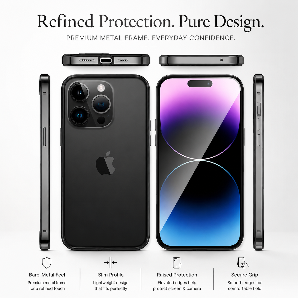 Premium iPhone Case Aluminum Metal Frame Bumper Cover Silicone Shockproof Protection Durable Slim Half Wrapped Camera Protection Full Coverage