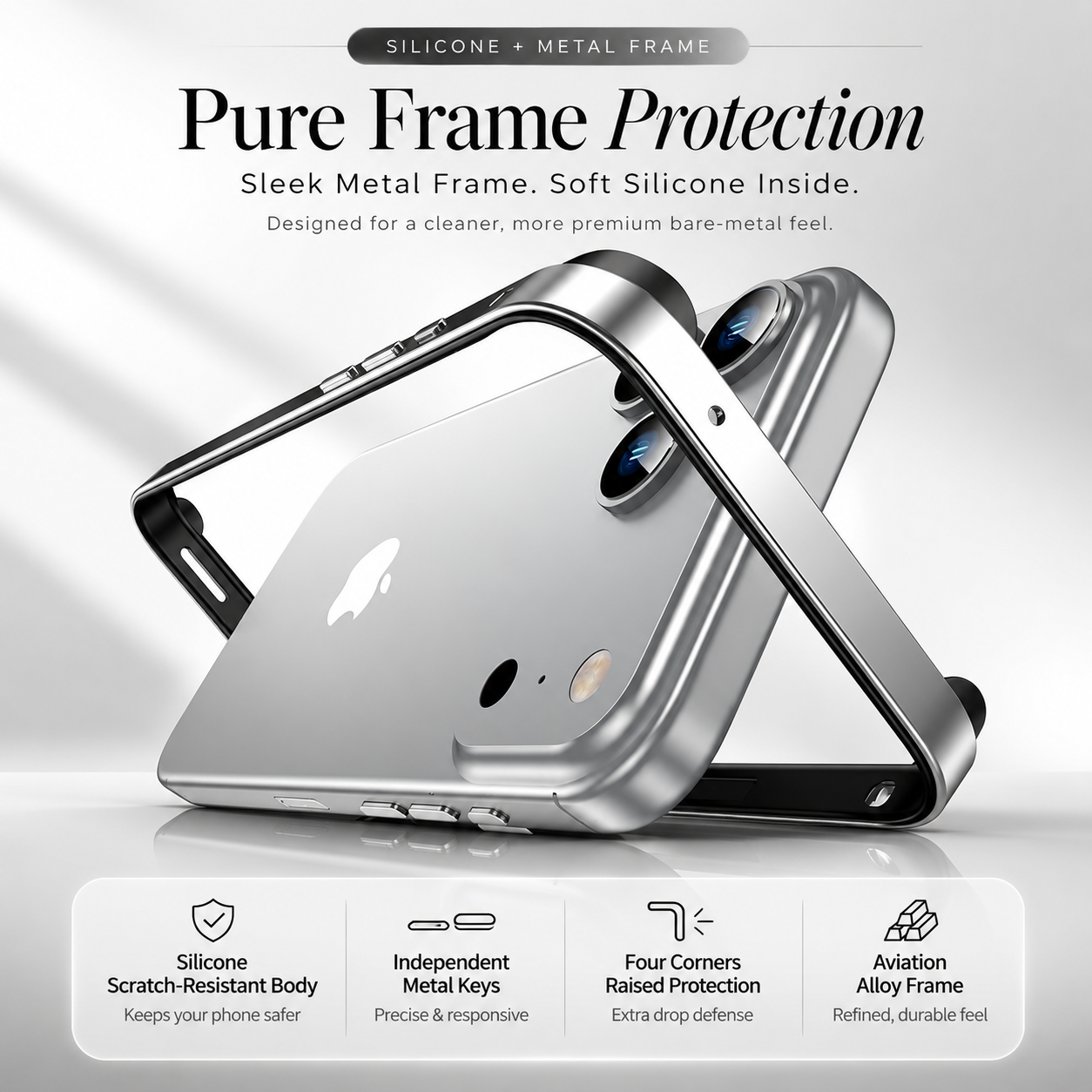 Premium iPhone Case Aluminum Metal Frame Bumper Cover Silicone Shockproof Protection Durable Slim Half Wrapped Camera Protection Full Coverage