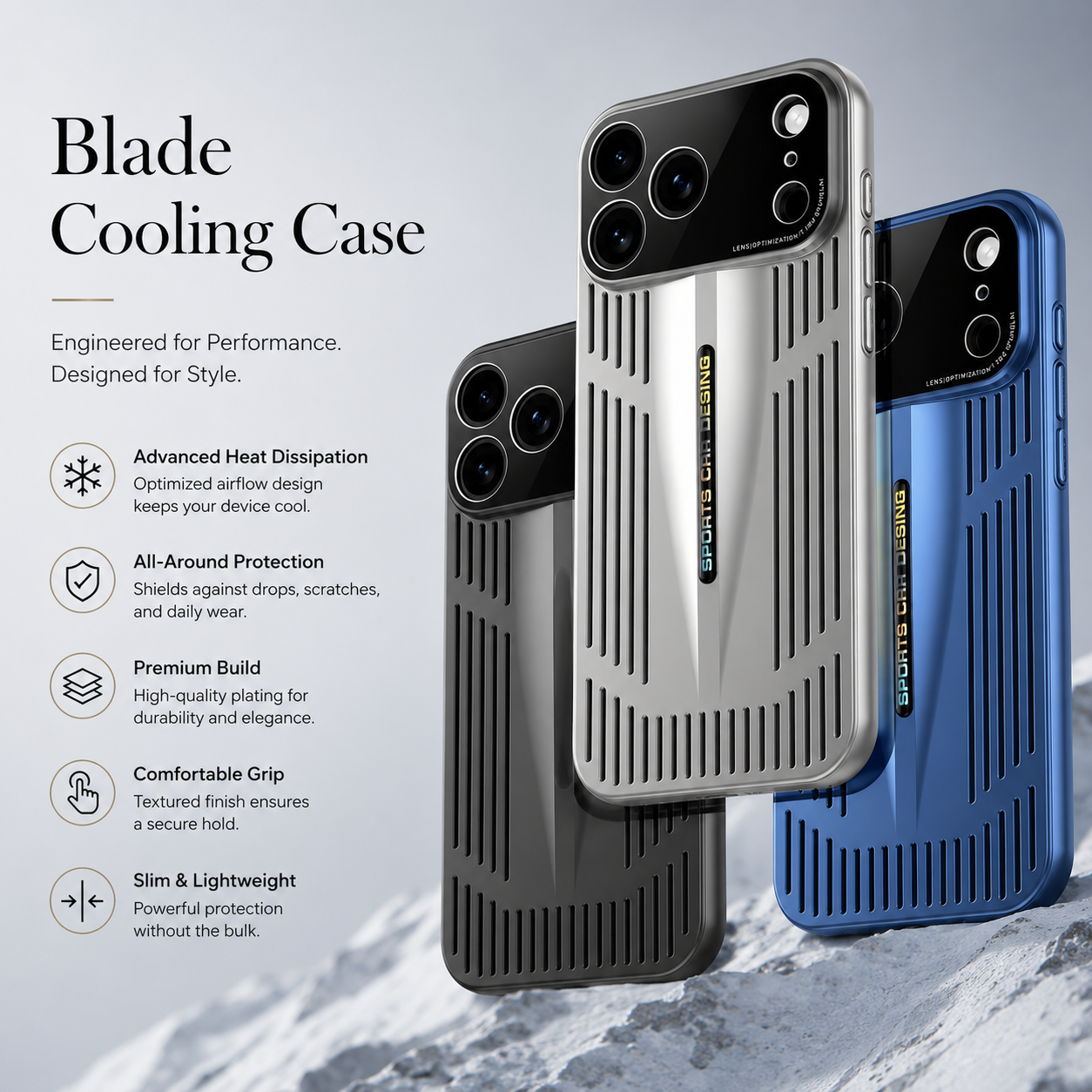 Premium iPhone Case Blade Style Cooling Heat Dissipation Shockproof PC TPU Protective Cover Slim Armor Plating Full Coverage Anti Scratch Design