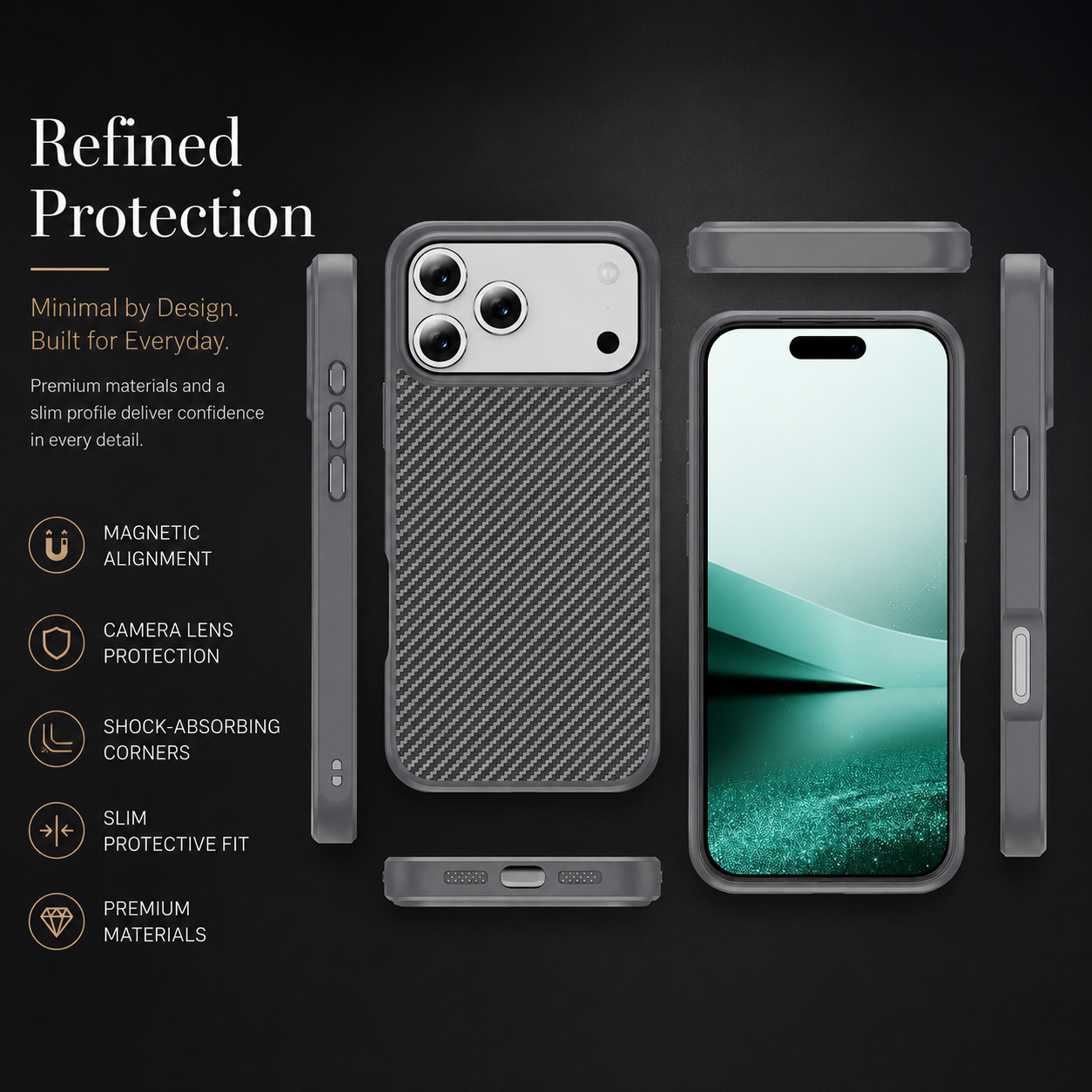 Premium iPhone Case Carbon Fiber Protective Cover Shockproof Drop Resistant Anti Fingerprint Non Slip Scratch Resistant Slim Full Coverage Design