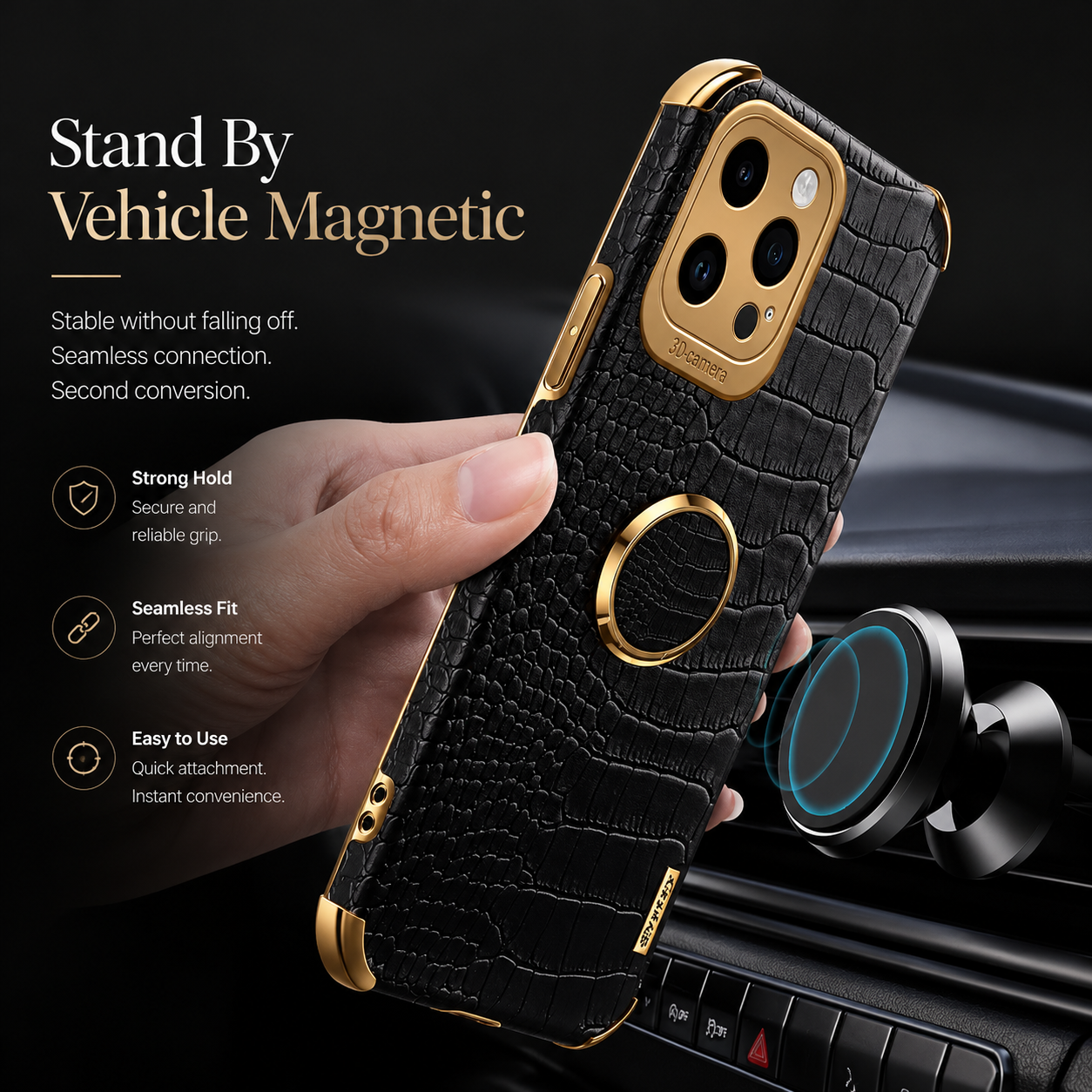 Premium iPhone Case Crocodile Leather Silicone Magnetic Car Mount Compatible Protective Cover Anti Scratch Full Coverage Slim Luxury Design