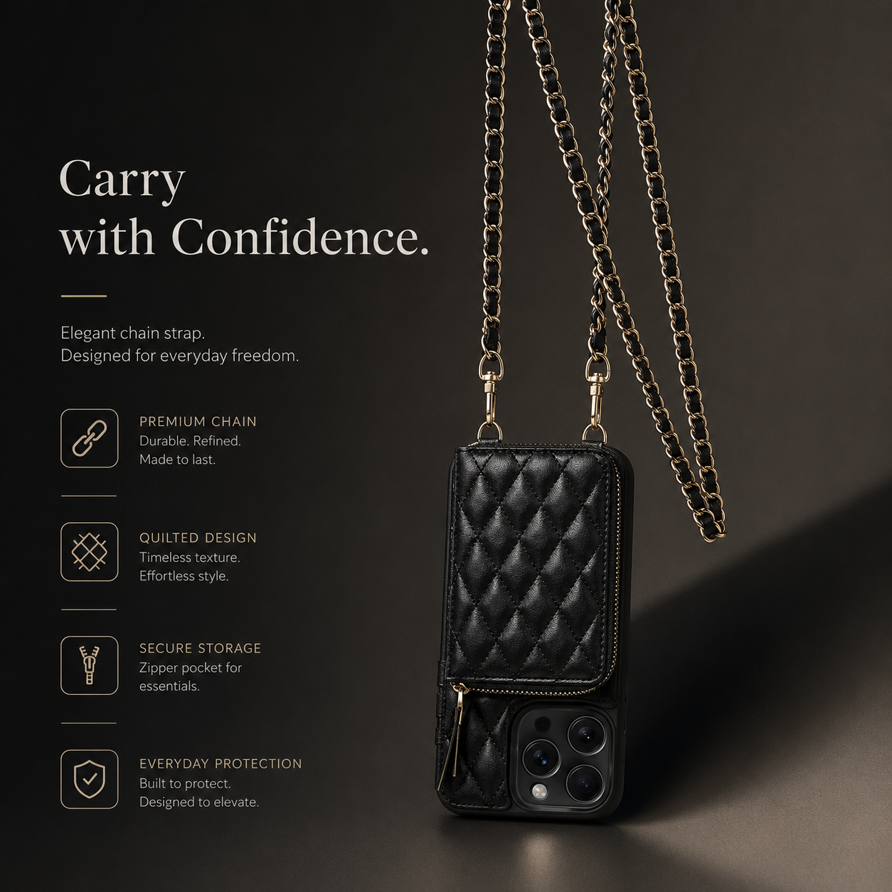 Premium iPhone Case Crossbody Leather Wallet Protective Cover Card Holder Chain Strap Shockproof Non Slip Full Coverage Slim Lightweight Portable Design