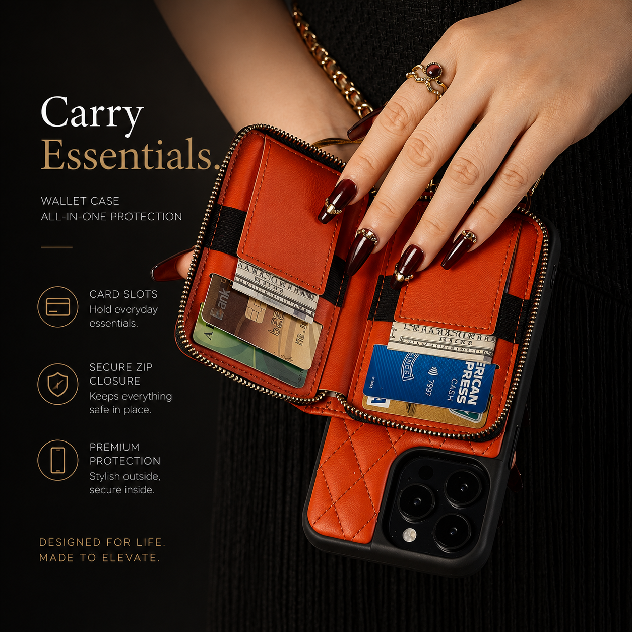 Premium iPhone Case Crossbody Leather Wallet Protective Cover Card Holder Chain Strap Shockproof Non Slip Full Coverage Slim Lightweight Portable Design
