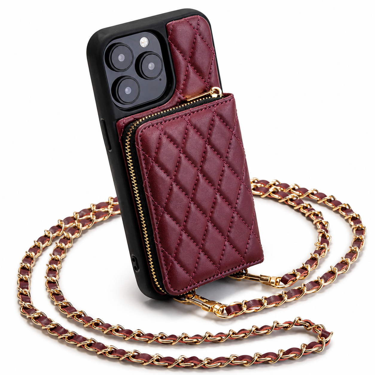 Premium iPhone Case Crossbody Leather Wallet Protective Cover Card Holder Chain Strap Shockproof Non Slip Full Coverage Slim Lightweight Portable Design