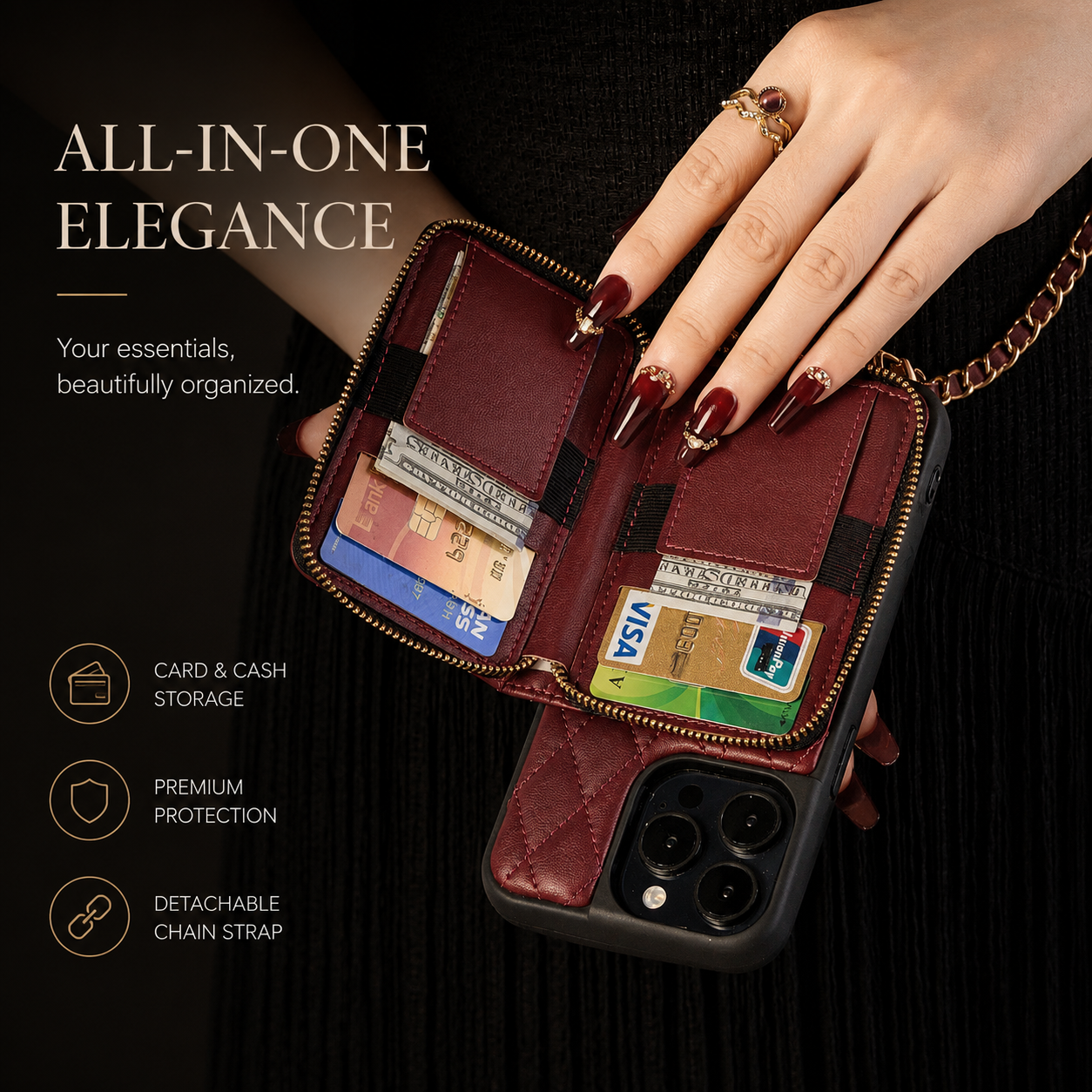 Premium iPhone Case Crossbody Leather Wallet Protective Cover Card Holder Chain Strap Shockproof Non Slip Full Coverage Slim Lightweight Portable Design