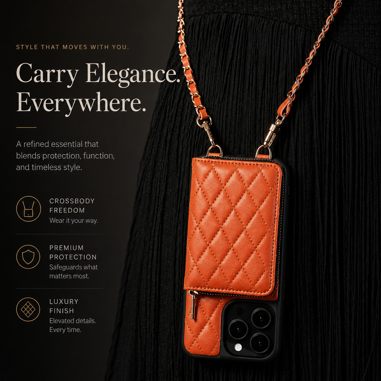 Premium iPhone Case Crossbody Leather Wallet Protective Cover Card Holder Chain Strap Shockproof Non Slip Full Coverage Slim Lightweight Portable Design