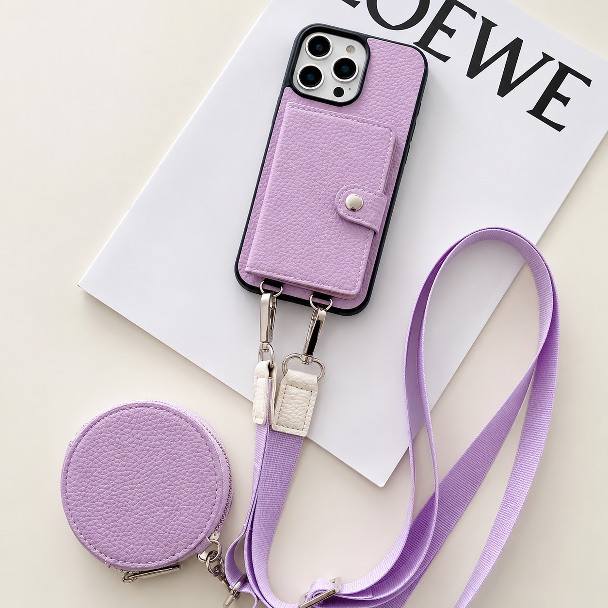 Premium iPhone Case Crossbody Wallet Cover Card Holder Zipper Coin Purse Lanyard Strap Shockproof PU Leather Protective Full Coverage Anti Scratch Design