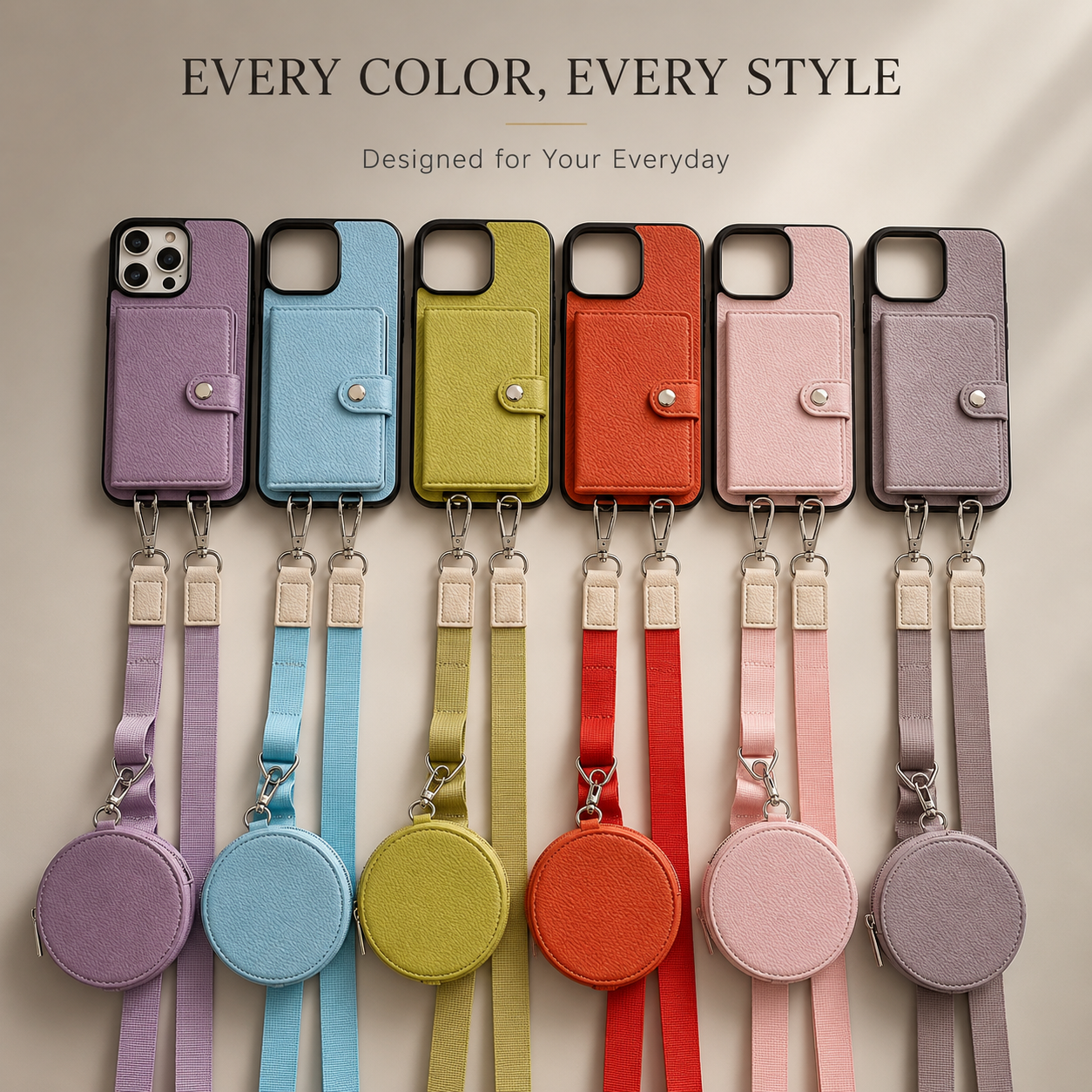 Premium iPhone Case Crossbody Wallet Cover Card Holder Zipper Coin Purse Lanyard Strap Shockproof PU Leather Protective Full Coverage Anti Scratch Design