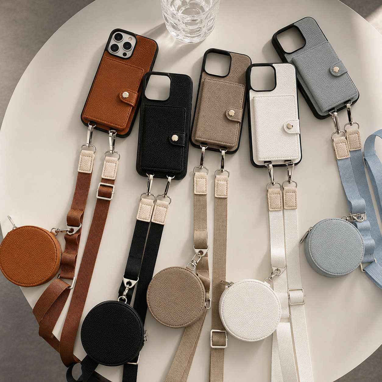 Premium iPhone Case Crossbody Wallet Cover Card Holder Zipper Coin Purse Lanyard Strap Shockproof PU Leather Protective Full Coverage Anti Scratch Design
