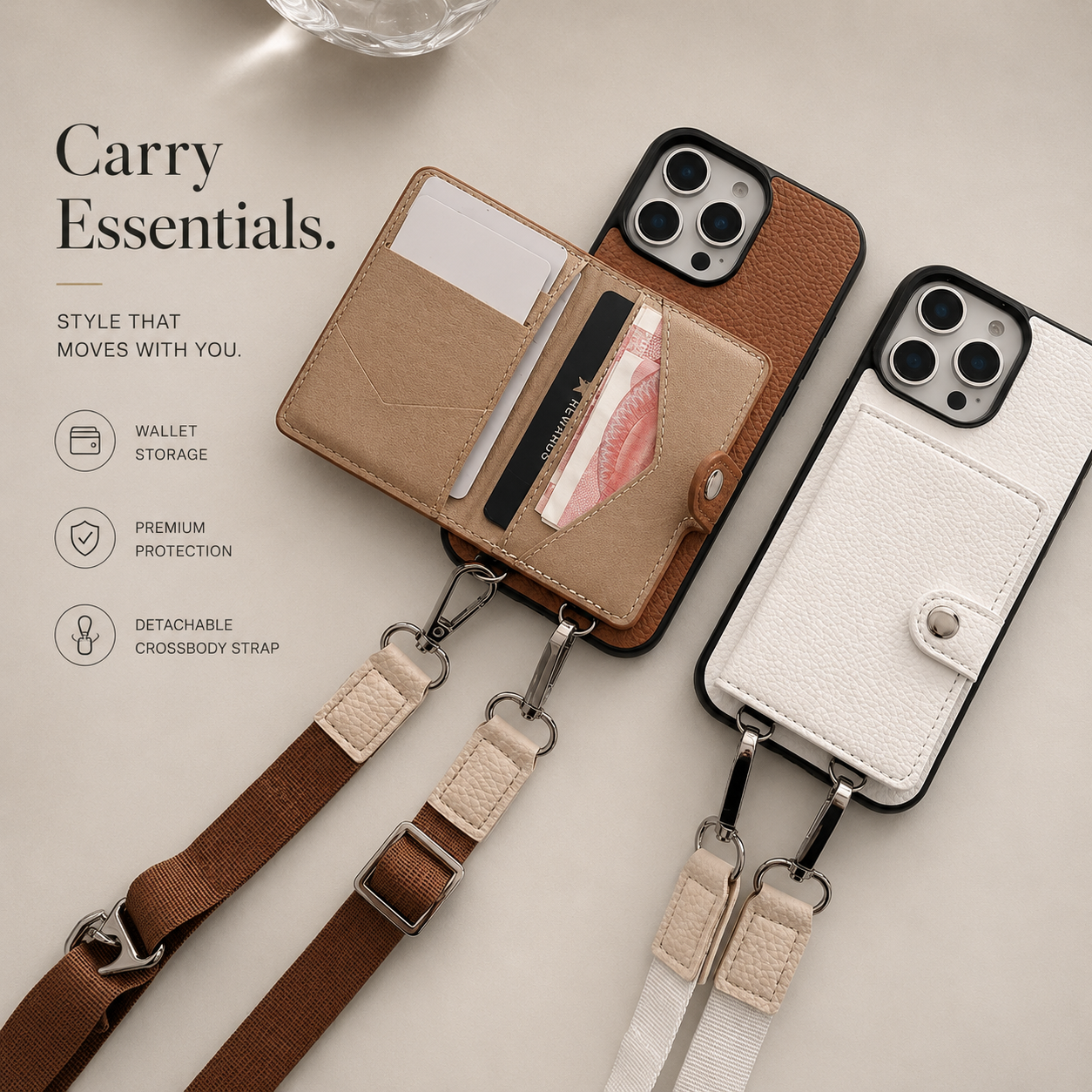 Premium iPhone Case Crossbody Wallet Cover Card Holder Zipper Coin Purse Lanyard Strap Shockproof PU Leather Protective Full Coverage Anti Scratch Design