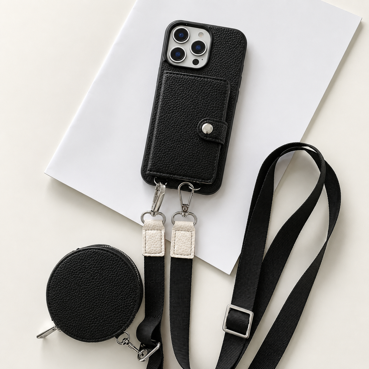 Premium iPhone Case Crossbody Wallet Cover Card Holder Zipper Coin Purse Lanyard Strap Shockproof PU Leather Protective Full Coverage Anti Scratch Design