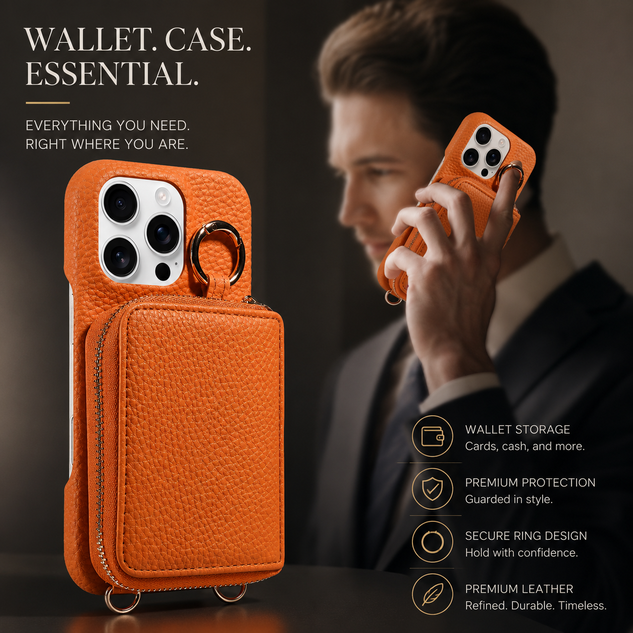 Premium iPhone Case Crossbody Wallet Cover Faux Leather Card Holder Ring Stand Shockproof Anti Scratch Lightweight Full Coverage Protective Design