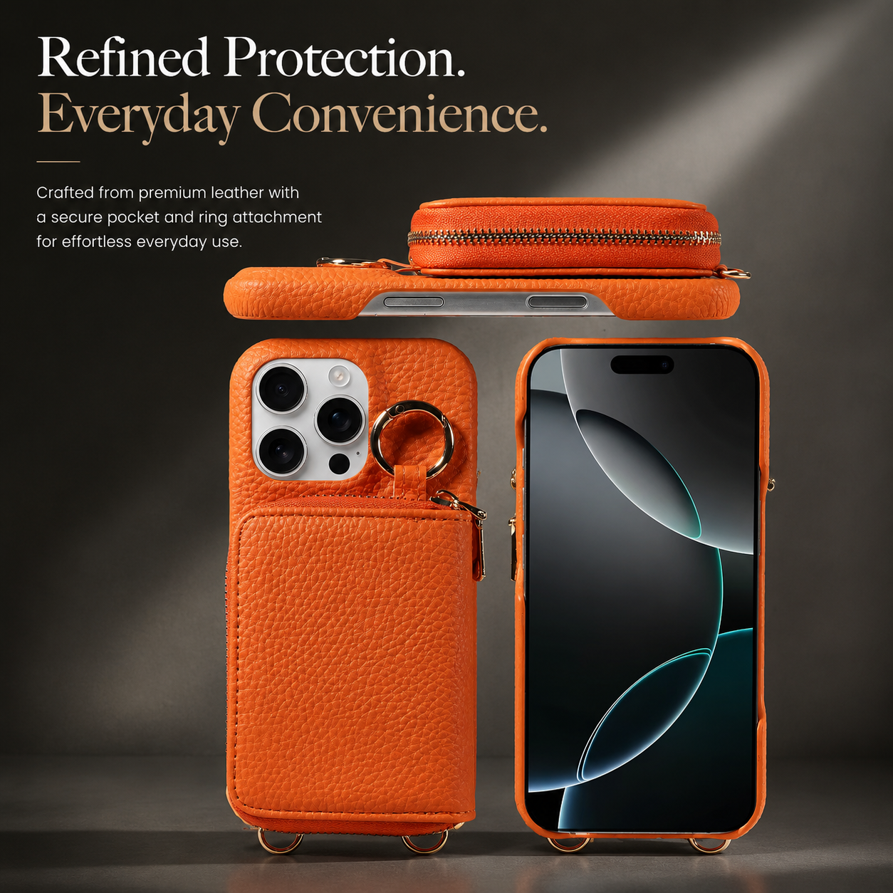 Premium iPhone Case Crossbody Wallet Cover Faux Leather Card Holder Ring Stand Shockproof Anti Scratch Lightweight Full Coverage Protective Design