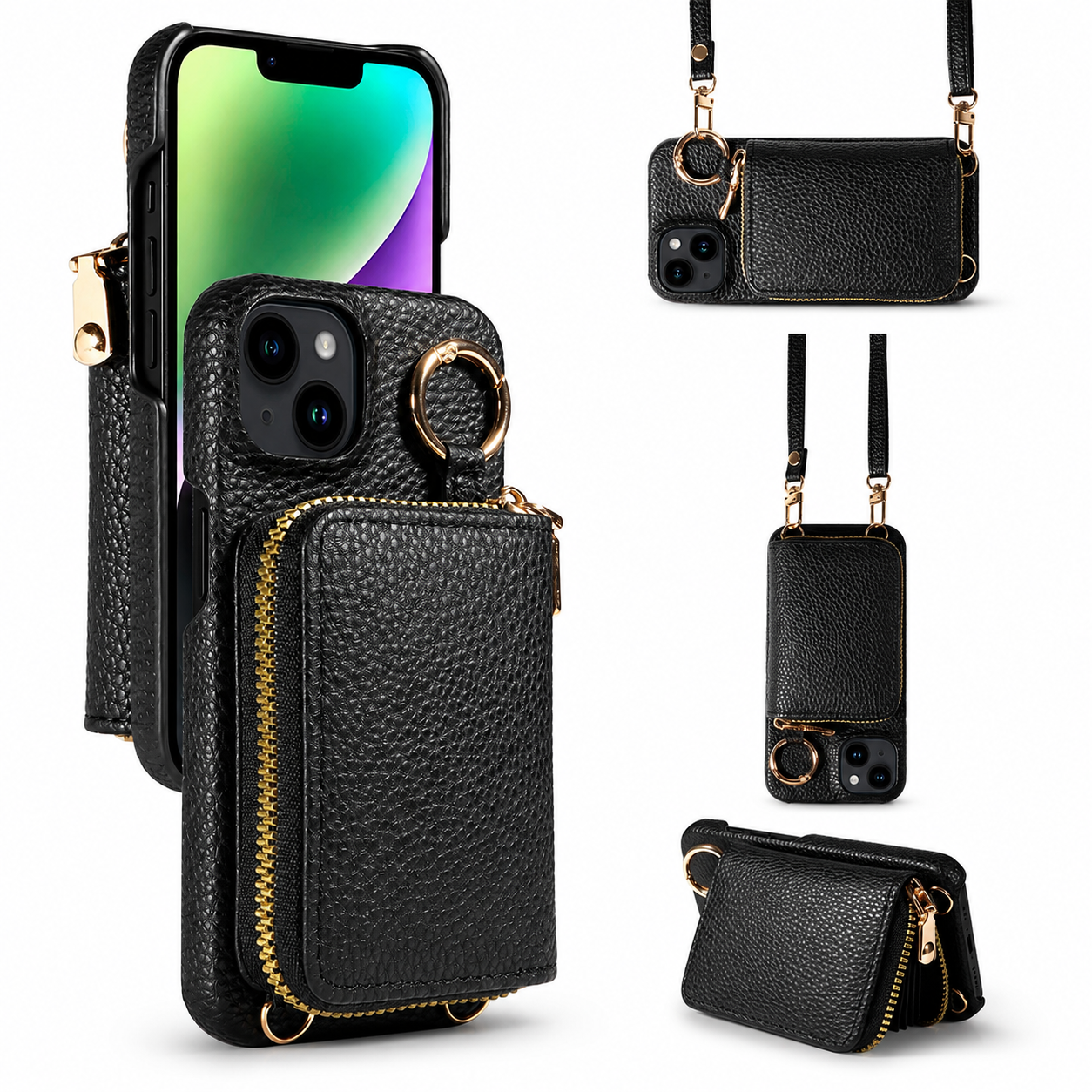 Premium iPhone Case Crossbody Wallet Cover Faux Leather Card Holder Ring Stand Shockproof Anti Scratch Lightweight Full Coverage Protective Design