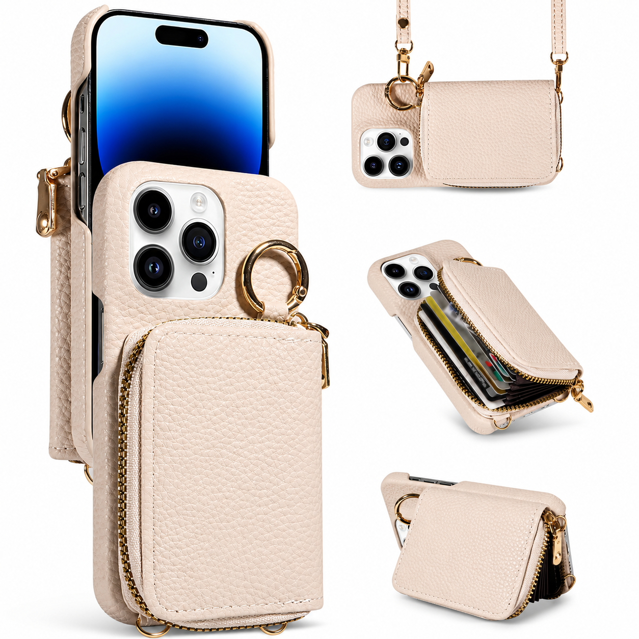 Premium iPhone Case Crossbody Wallet Cover Faux Leather Card Holder Ring Stand Shockproof Anti Scratch Lightweight Full Coverage Protective Design