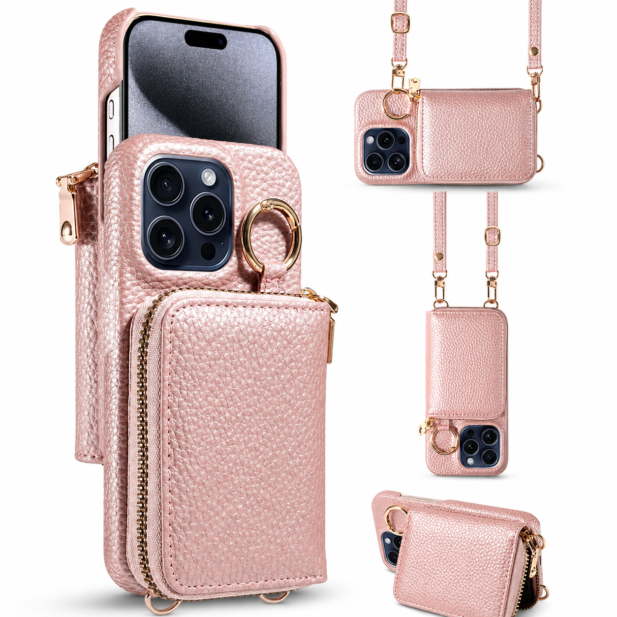Premium iPhone Case Crossbody Wallet Cover Faux Leather Card Holder Ring Stand Shockproof Anti Scratch Lightweight Full Coverage Protective Design