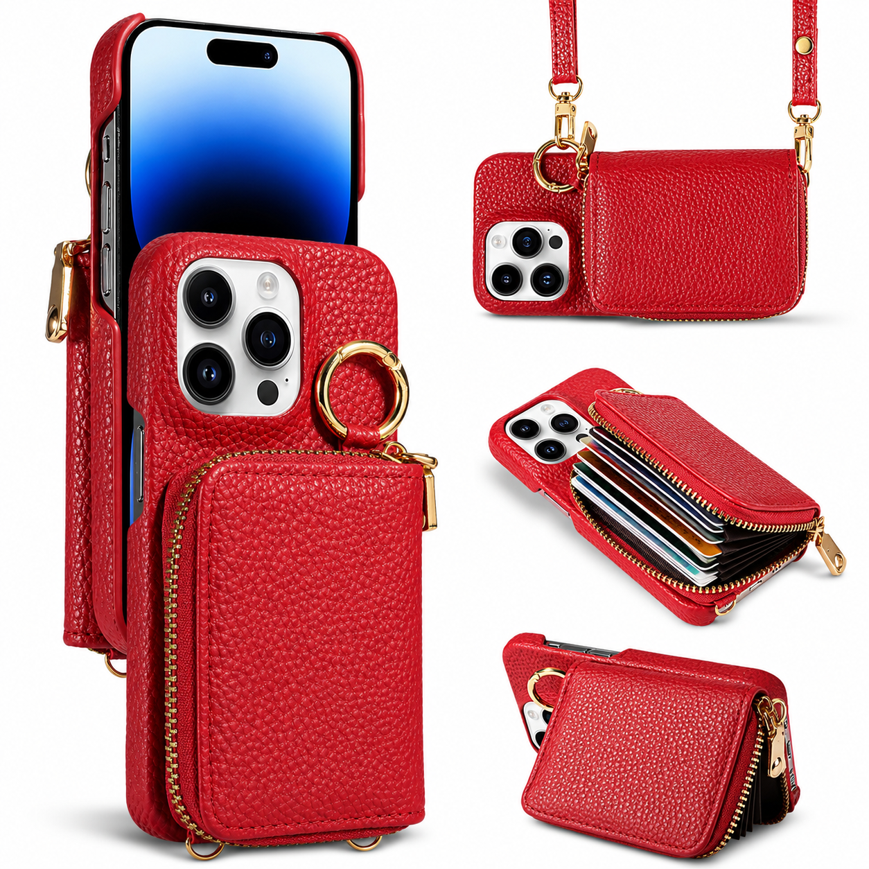 Premium iPhone Case Crossbody Wallet Cover Faux Leather Card Holder Ring Stand Shockproof Anti Scratch Lightweight Full Coverage Protective Design
