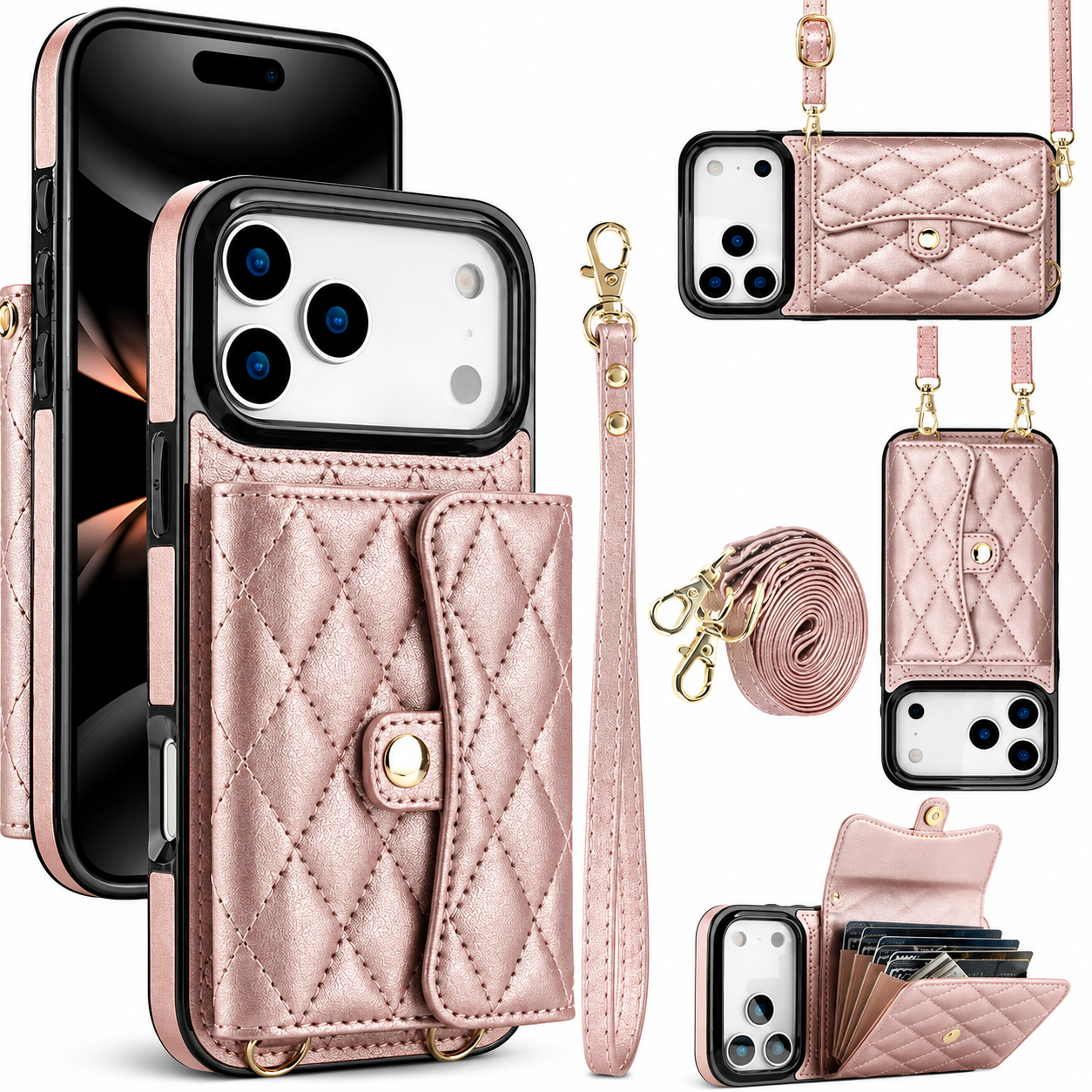 Premium iPhone Case Crossbody Wallet Cover Leather Card Holder Coin Pocket Shoulder Strap Wrist Lanyard Shockproof Full Coverage Protective Design