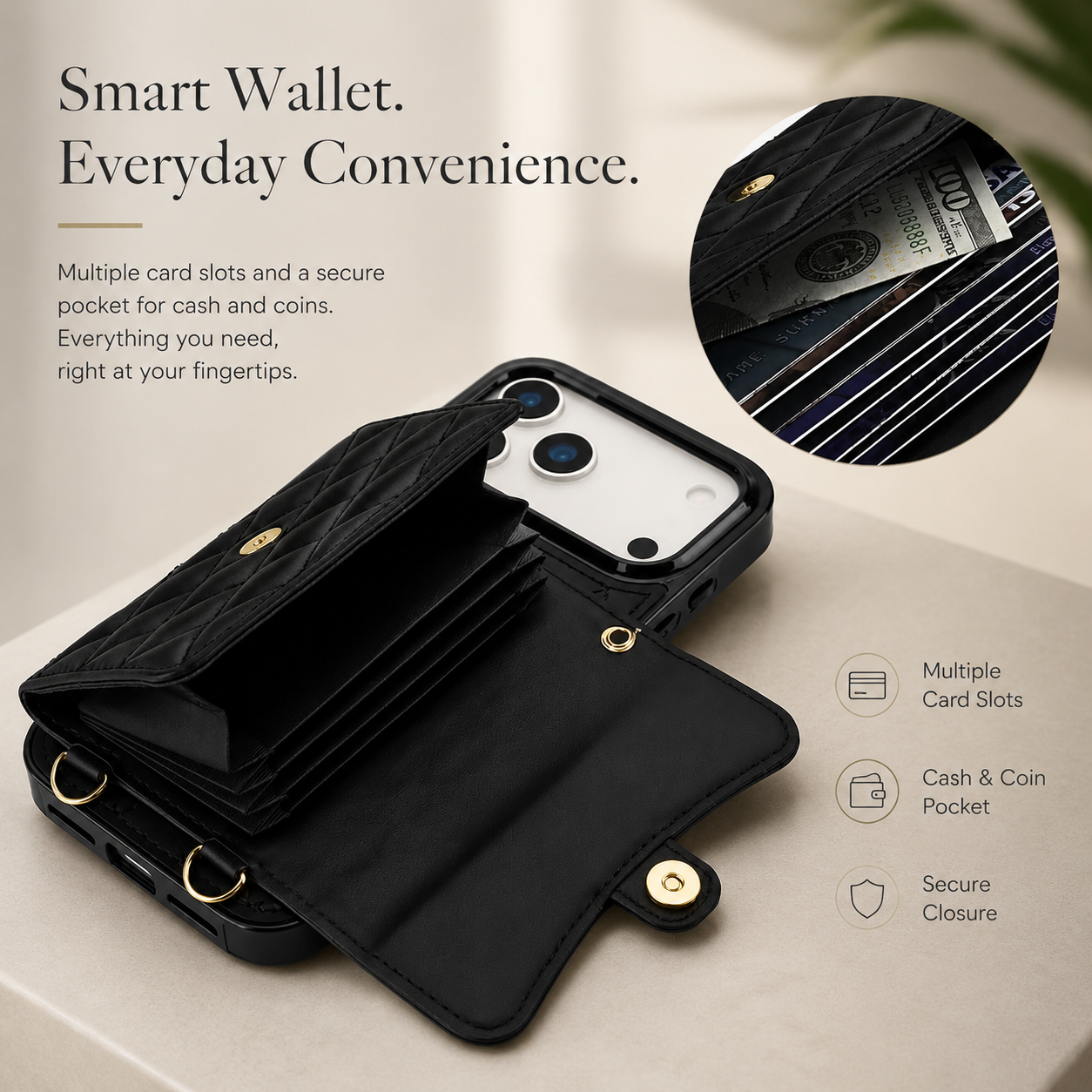 Premium iPhone Case Crossbody Wallet Cover Leather Card Holder Coin Pocket Shoulder Strap Wrist Lanyard Shockproof Full Coverage Protective Design