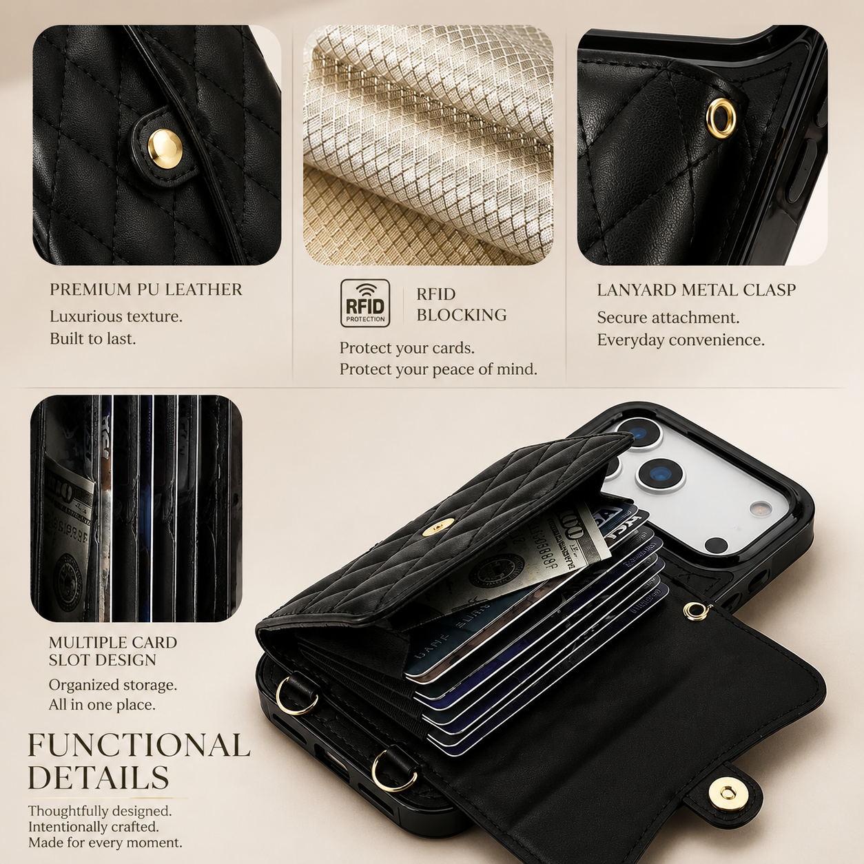 Premium iPhone Case Crossbody Wallet Cover Leather Card Holder Coin Pocket Shoulder Strap Wrist Lanyard Shockproof Full Coverage Protective Design