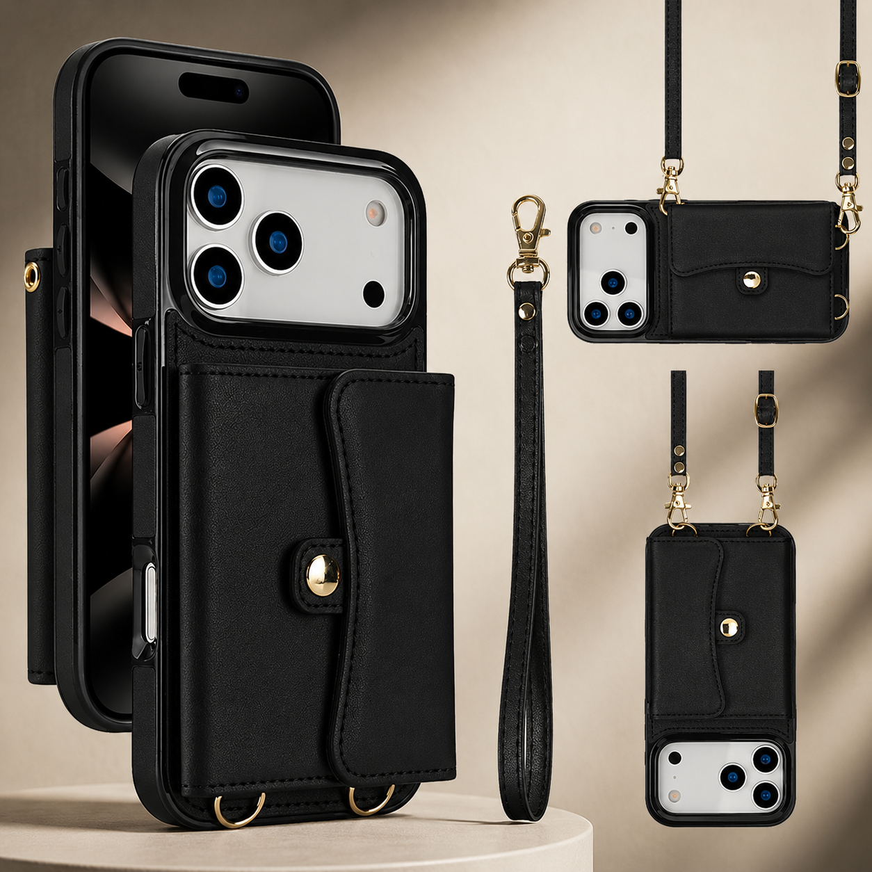 Premium iPhone Case Crossbody Wallet Cover Leather Card Holder Coin Pocket Shoulder Strap Wrist Lanyard Shockproof Full Coverage Protective Design