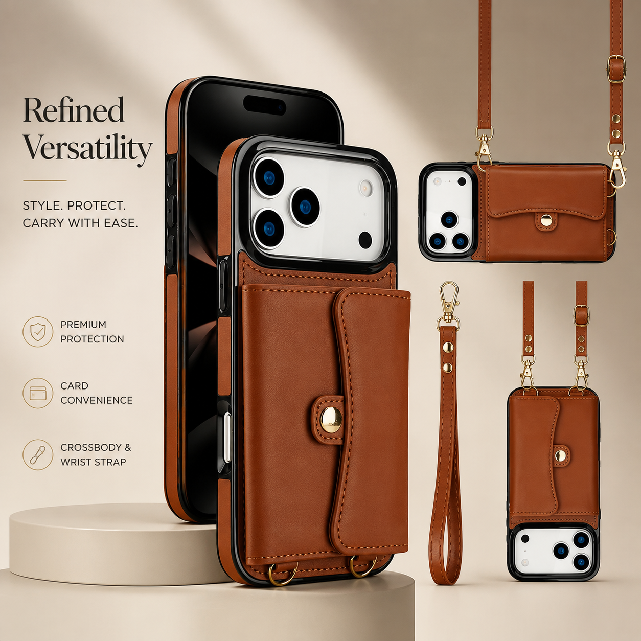 Premium iPhone Case Crossbody Wallet Cover Leather Card Holder Coin Pocket Shoulder Strap Wrist Lanyard Shockproof Full Coverage Protective Design