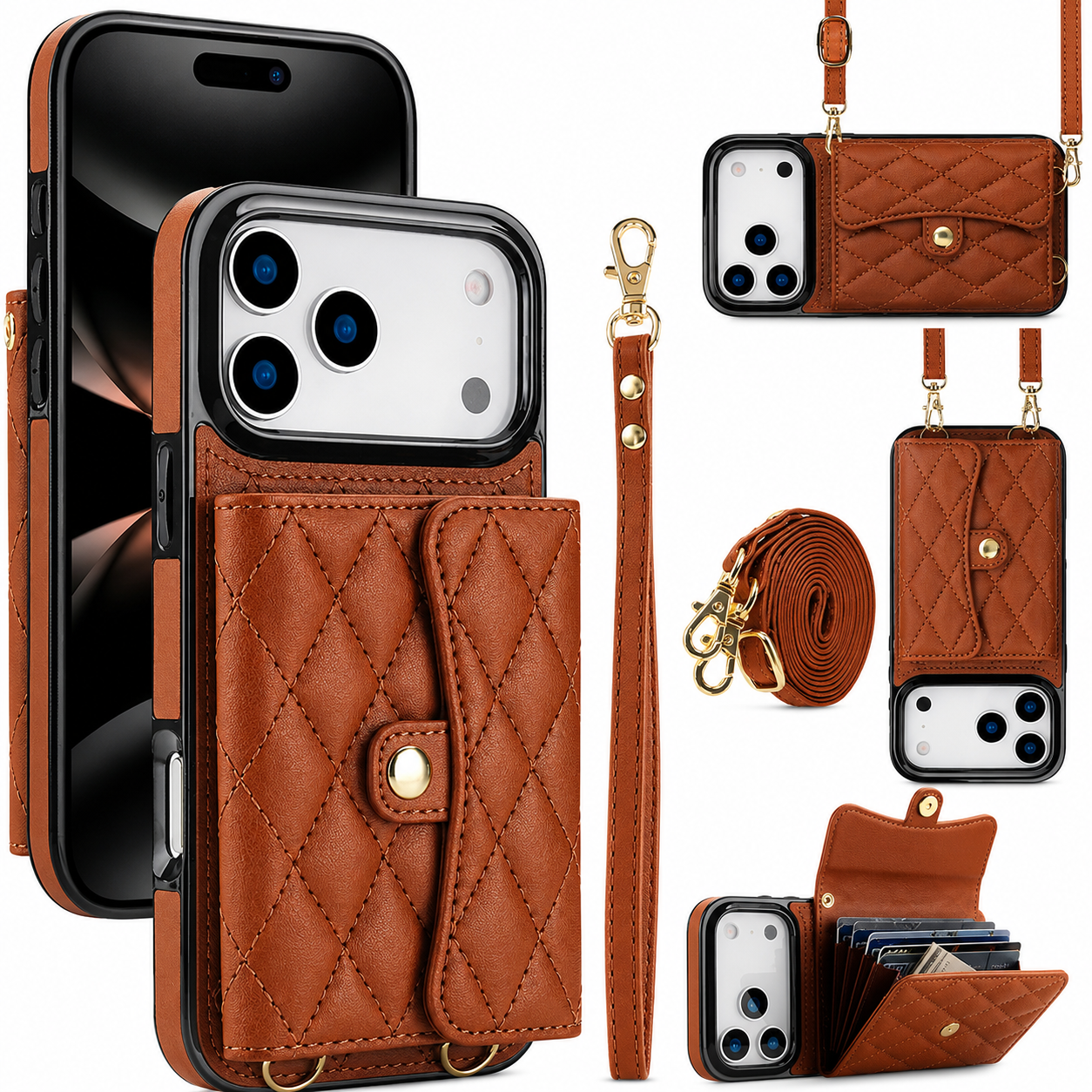 Premium iPhone Case Crossbody Wallet Cover Leather Card Holder Coin Pocket Shoulder Strap Wrist Lanyard Shockproof Full Coverage Protective Design