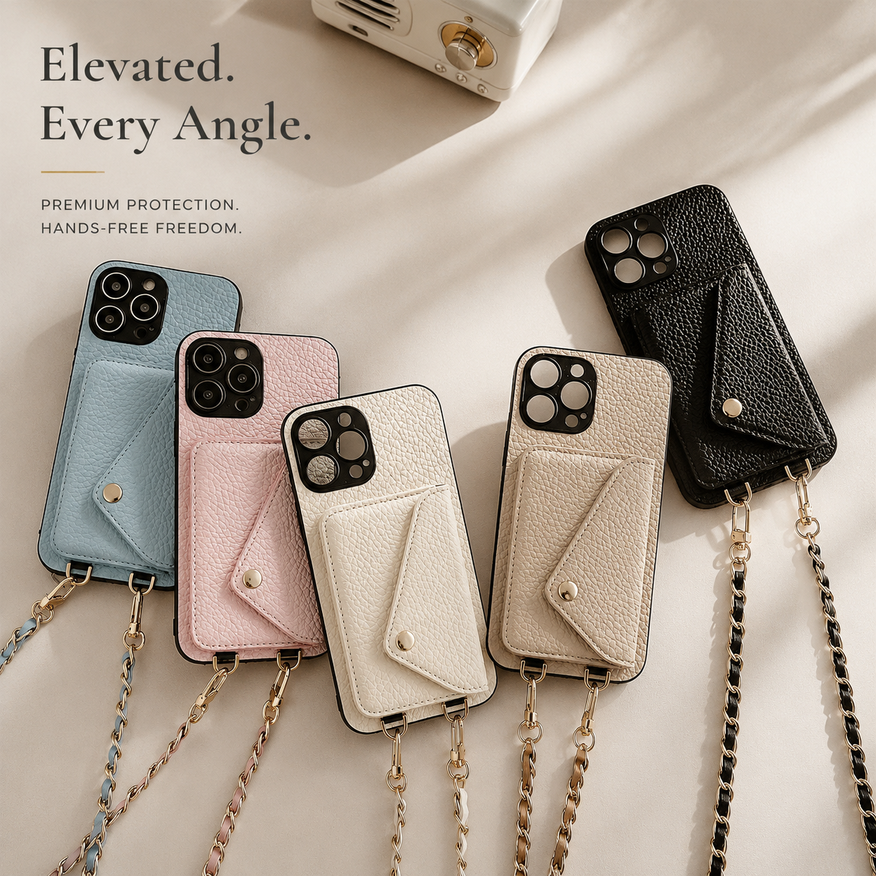 Premium iPhone Case Crossbody Wallet Cover PU Leather Card Holder Chain Strap Shockproof Anti Scratch Slim Lightweight Full Coverage Protective Design