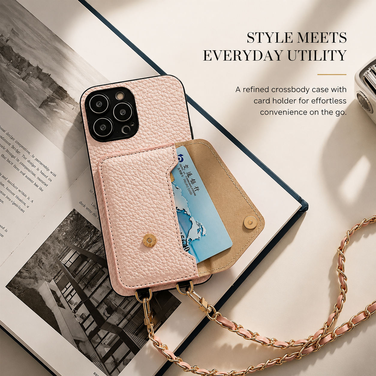 Premium iPhone Case Crossbody Wallet Cover PU Leather Card Holder Chain Strap Shockproof Anti Scratch Slim Lightweight Full Coverage Protective Design