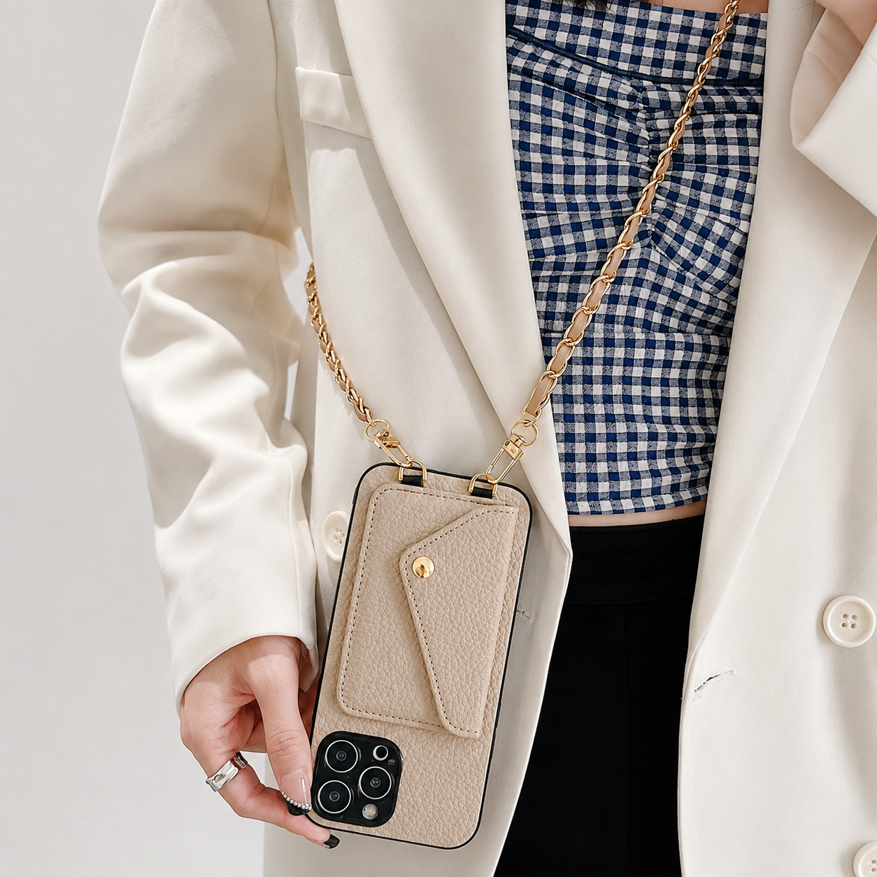 Premium iPhone Case Crossbody Wallet Cover PU Leather Card Holder Chain Strap Shockproof Anti Scratch Slim Lightweight Full Coverage Protective Design