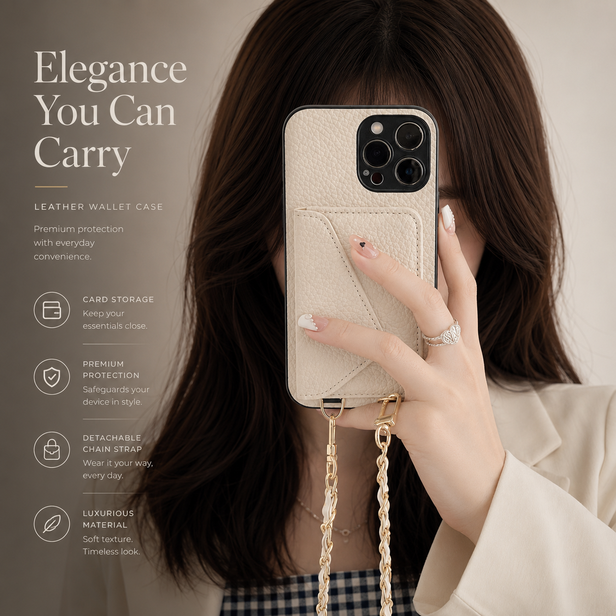Premium iPhone Case Crossbody Wallet Cover PU Leather Card Holder Chain Strap Shockproof Anti Scratch Slim Lightweight Full Coverage Protective Design